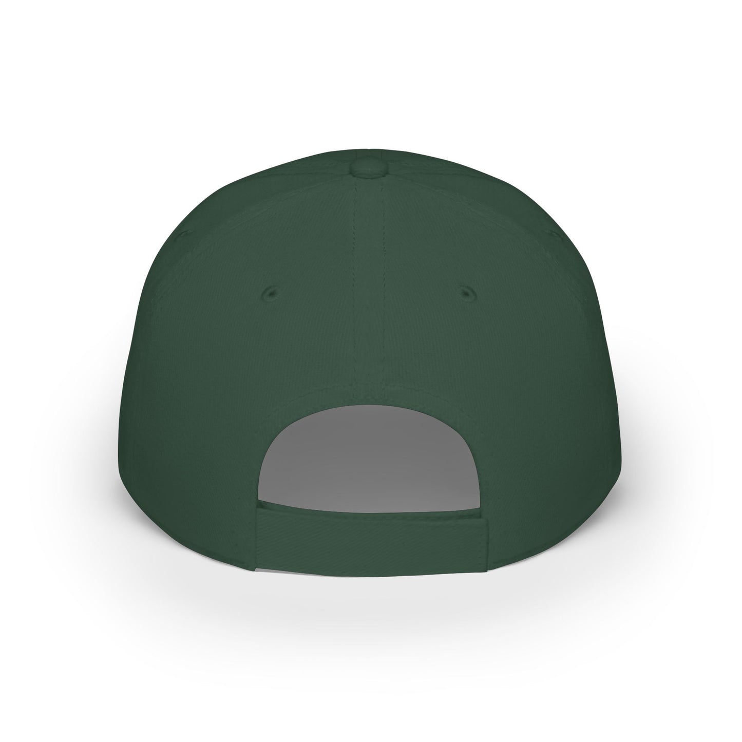 Back view of dark green baseball cap with adjustable Velcro closure and vent panel