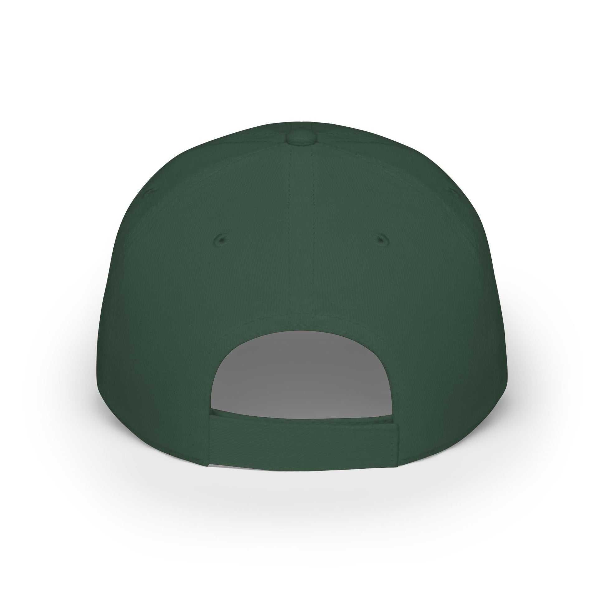 Back view of dark green baseball cap with adjustable Velcro closure and vent panel