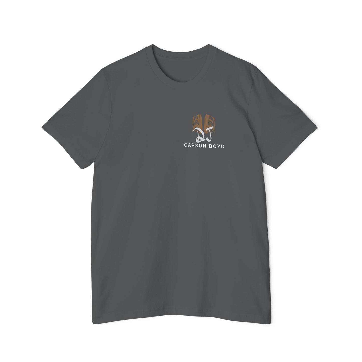Close front view of heather gray tee with tan stylized "DJ" emblem and "Carson Boyd" below