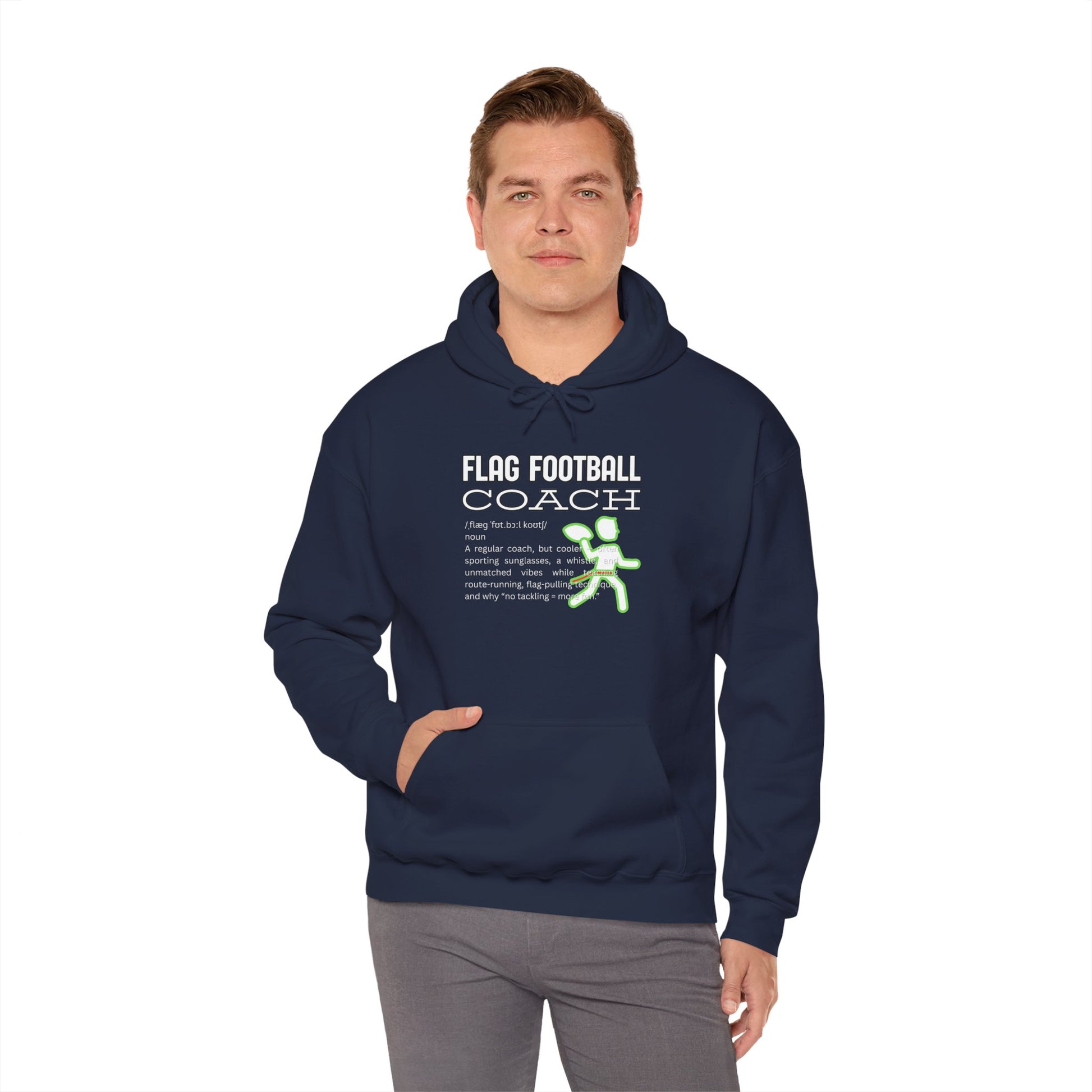 Male model in navy Flag Football Coach hoodie front, definition text and glowing green player graphic