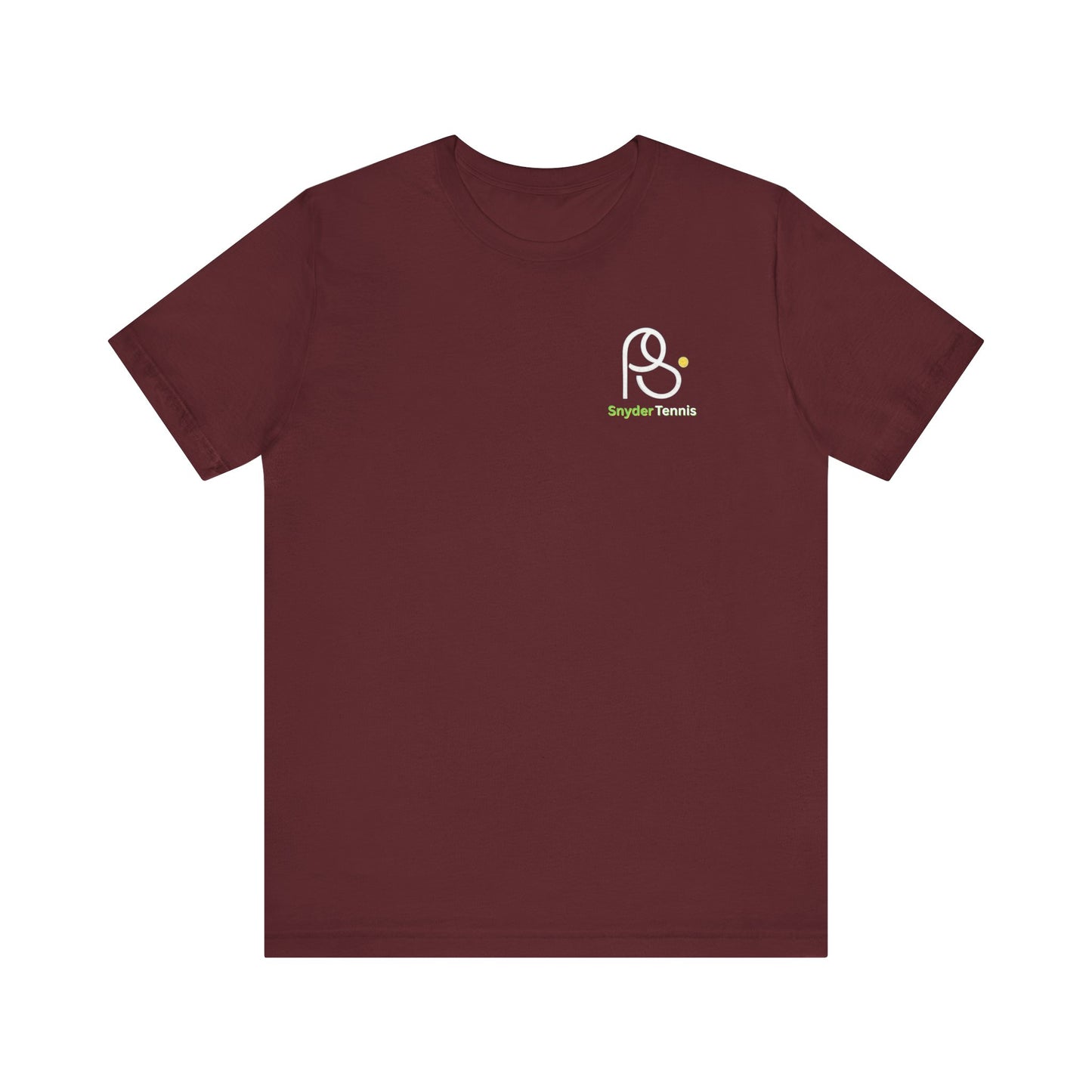 Front view of heather red Coach Pete Snyder tee with white PS Tennis logo patch on left chest, court-ready vibes