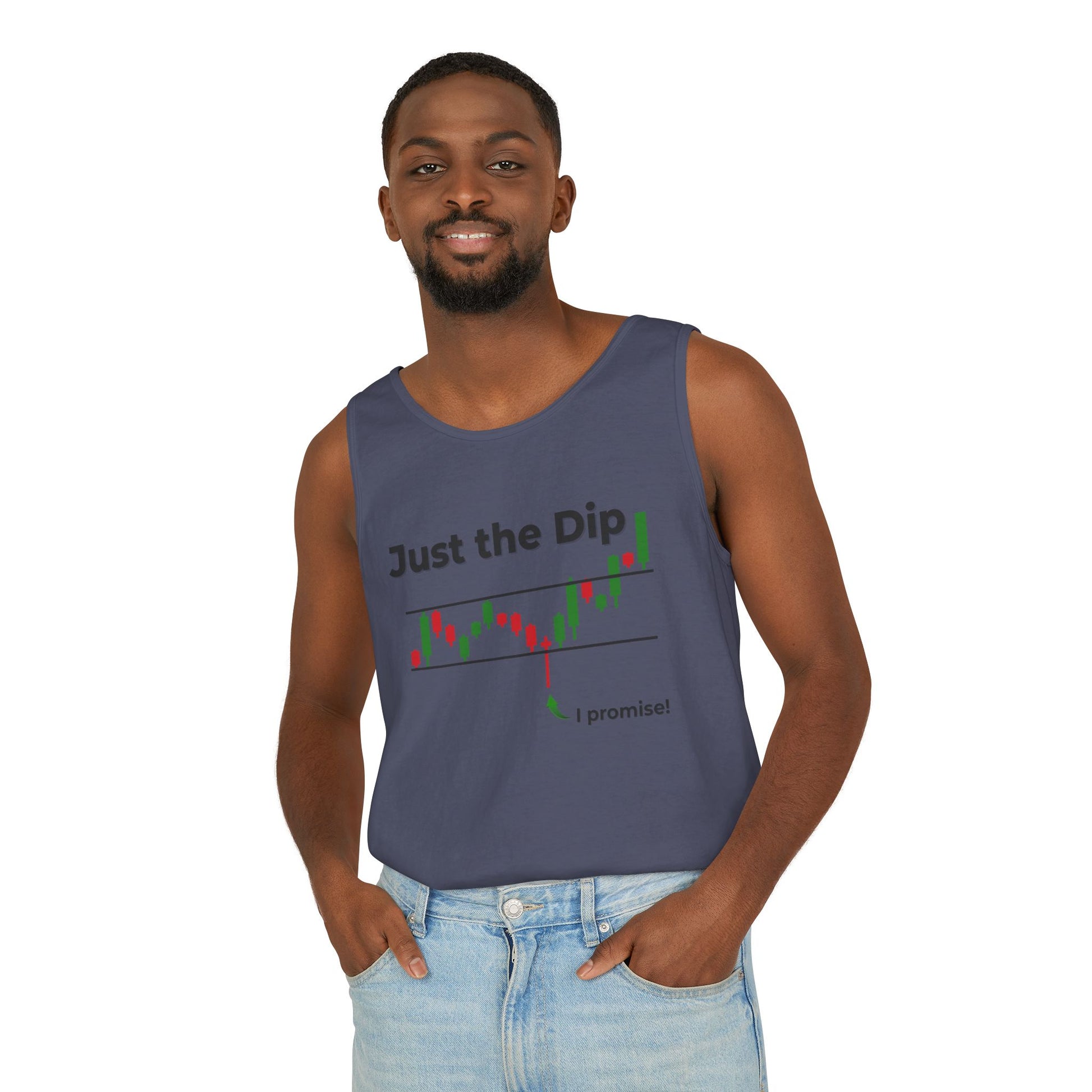 Bearded man modeling front of navy "Just the Dip" stock chart gym tank top