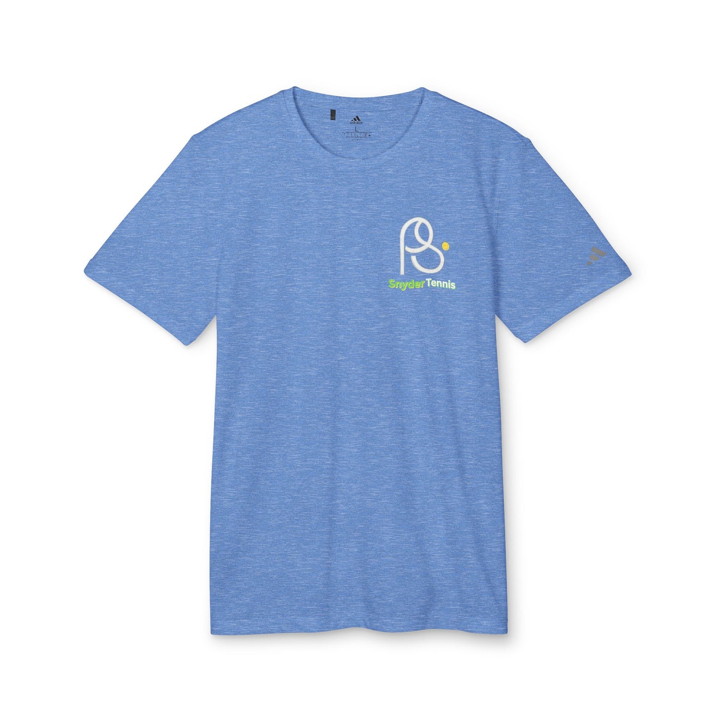 Front view of blue heather adidas performance T-shirt, PS Snyder Tennis chest print, adidas sleeve