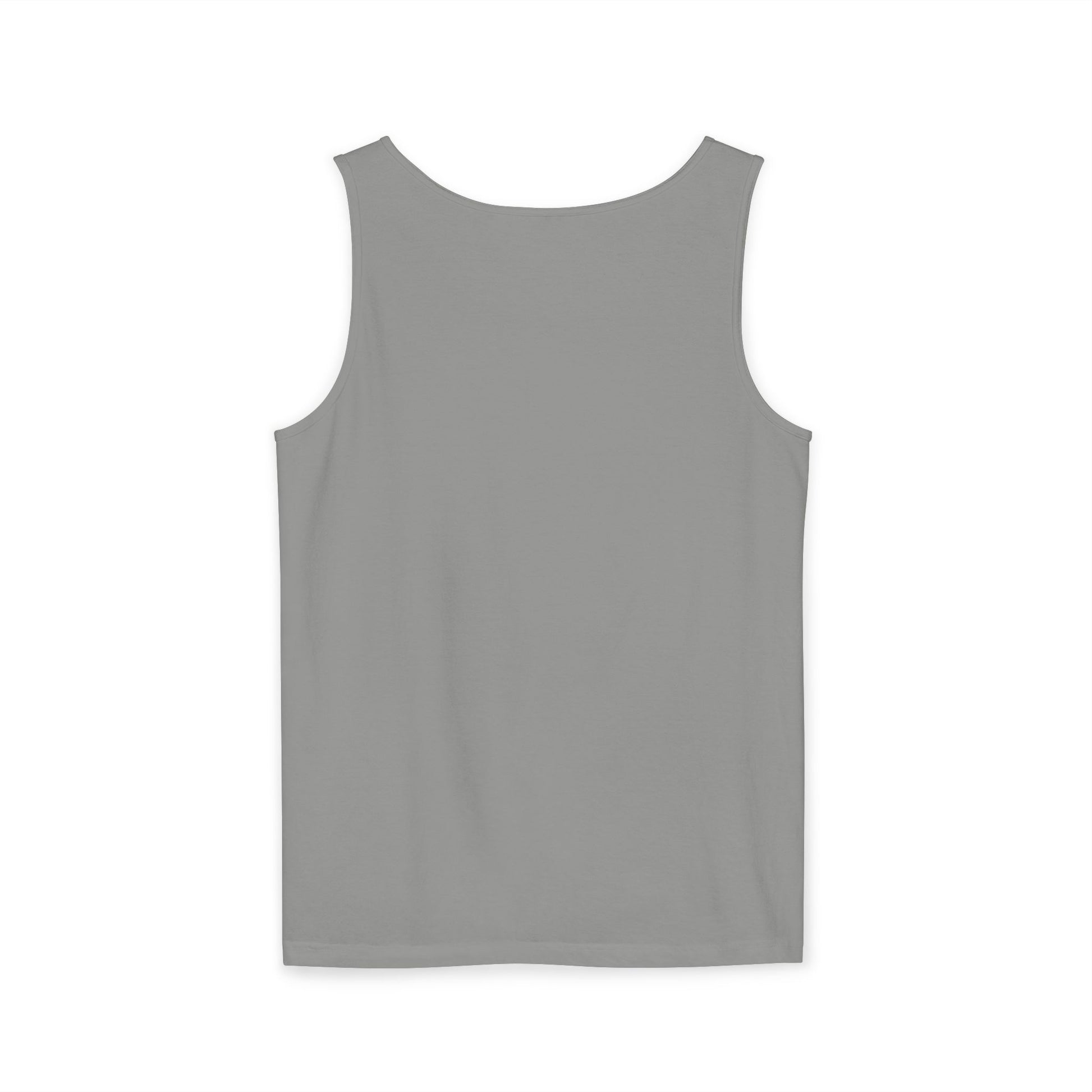 Back view of plain heather gray tank top, clean and comfy for market watchers
