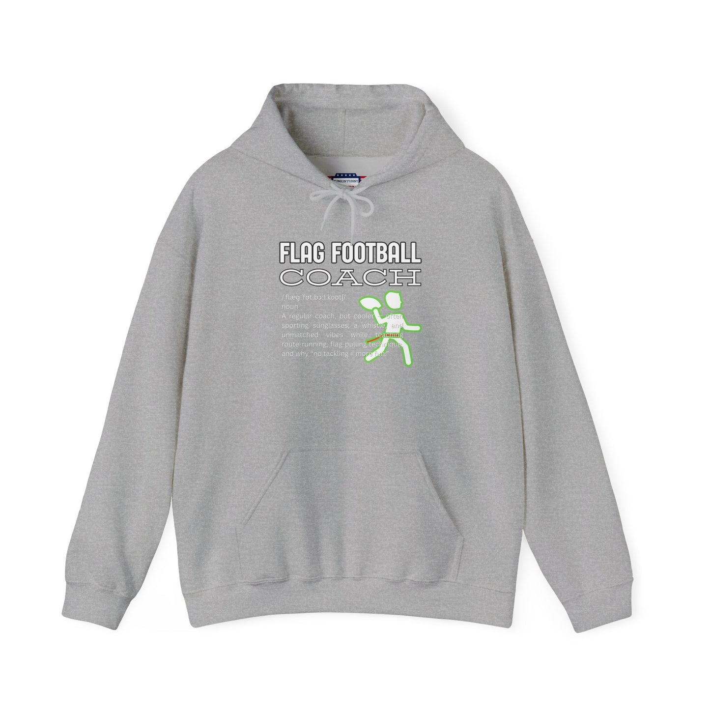 Front view of sport grey Flag Football Coach hoodie with white outline text, neon green runner graphic