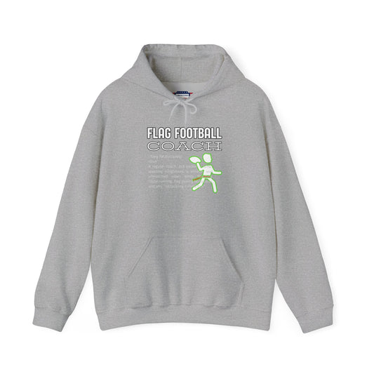 Front view of sport grey Flag Football Coach hoodie with white outline text, neon green runner graphic
