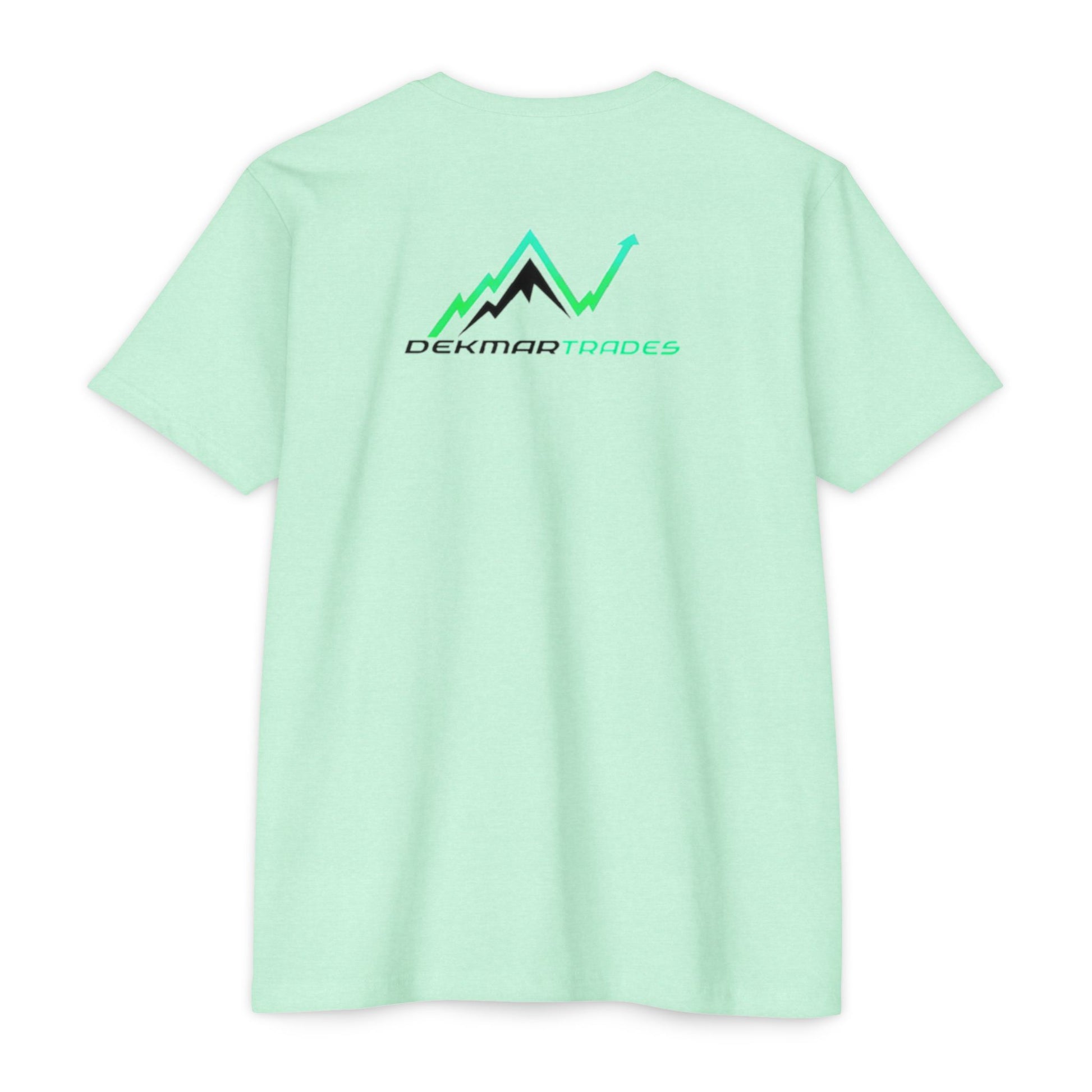 Back of CVC mint green TradeCaster tee with Dekmar Trades logo, green mountain uptick graphic