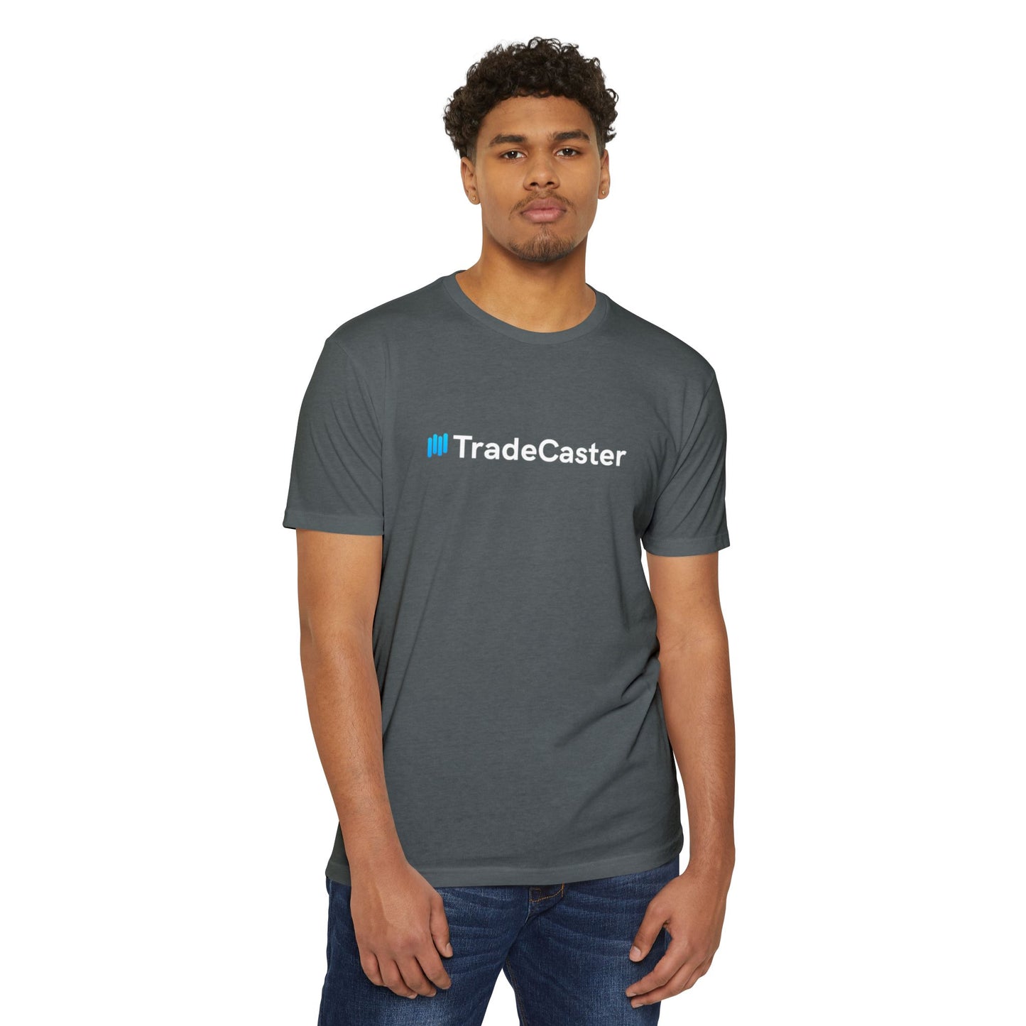 Black man in charcoal gray TradeCaster tee, front view with blue logo, casual jeans pose