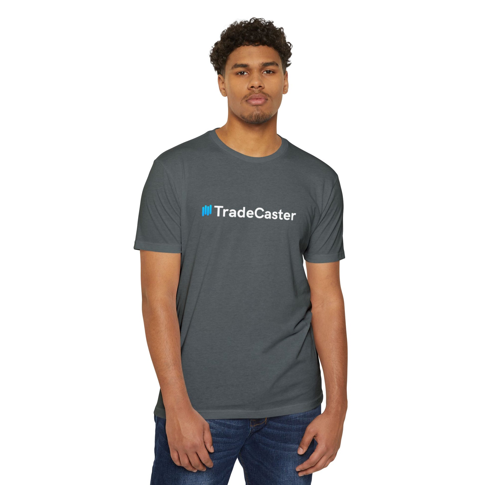 Black man in charcoal gray TradeCaster tee, front view with blue logo, casual jeans pose
