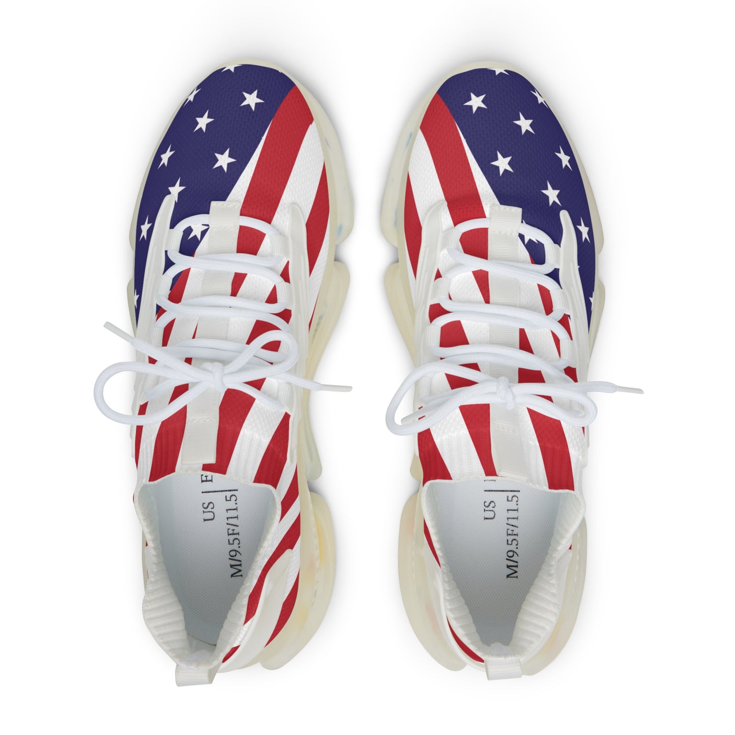 Top-down view of USA flag sneakers pair, white laces, "US" labels, starry blue & striped mesh upper, white sole