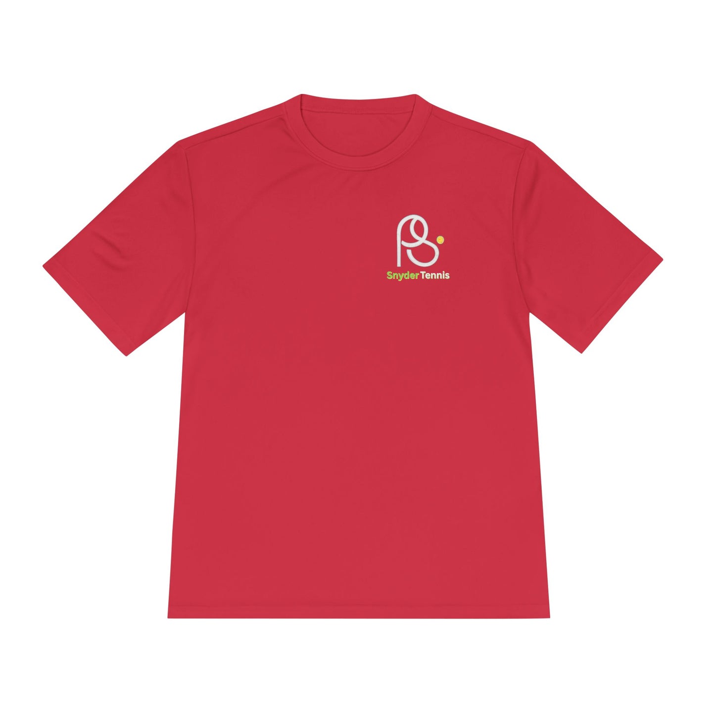 Flat front true red moisture-wicking Coach Pete Snyder tee, white PS Bryant Tennis graphic