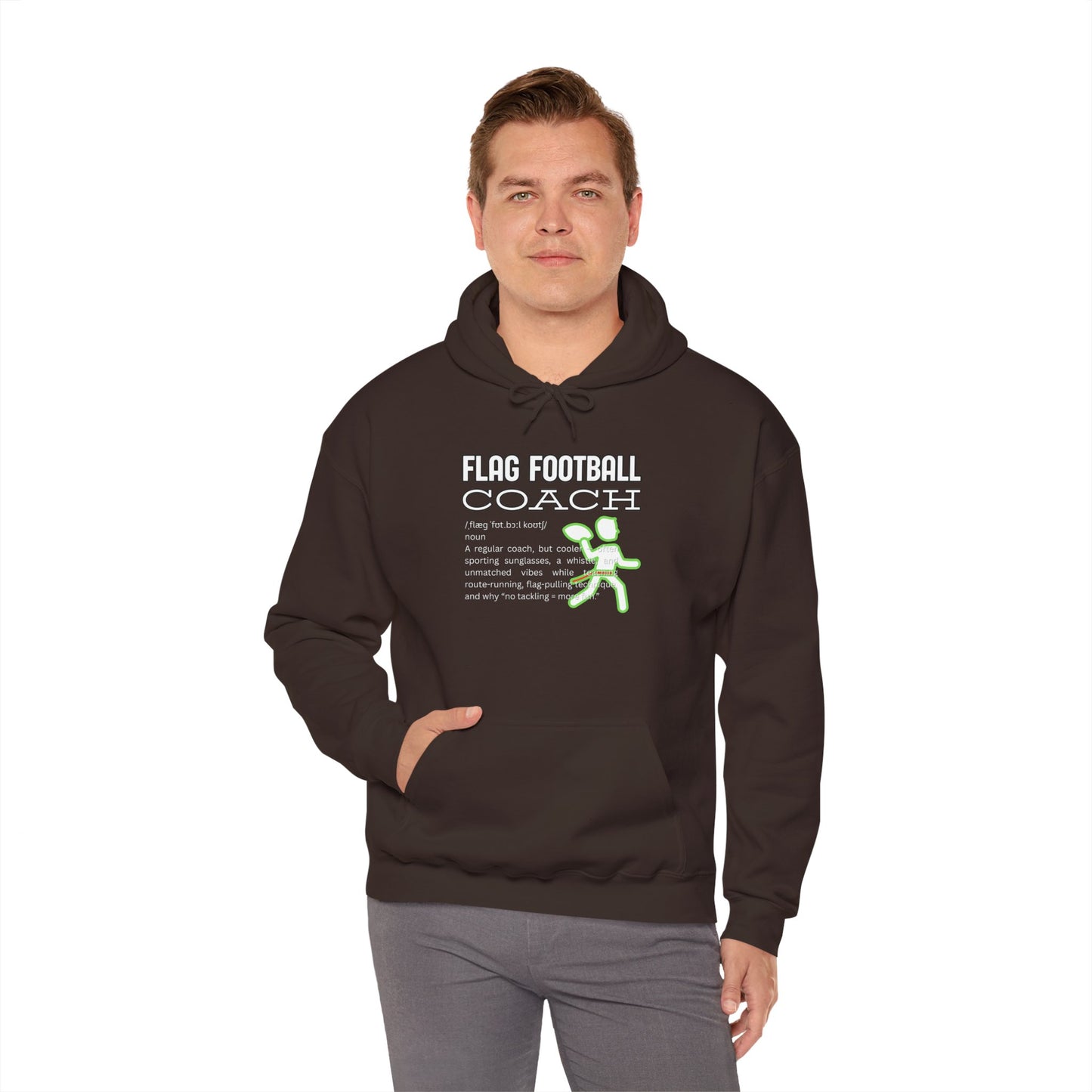 Male model in Dark Chocolate Flag Football Coach hoodie front view, "FLAG FOOTBALL COACH" text and neon green player graphic