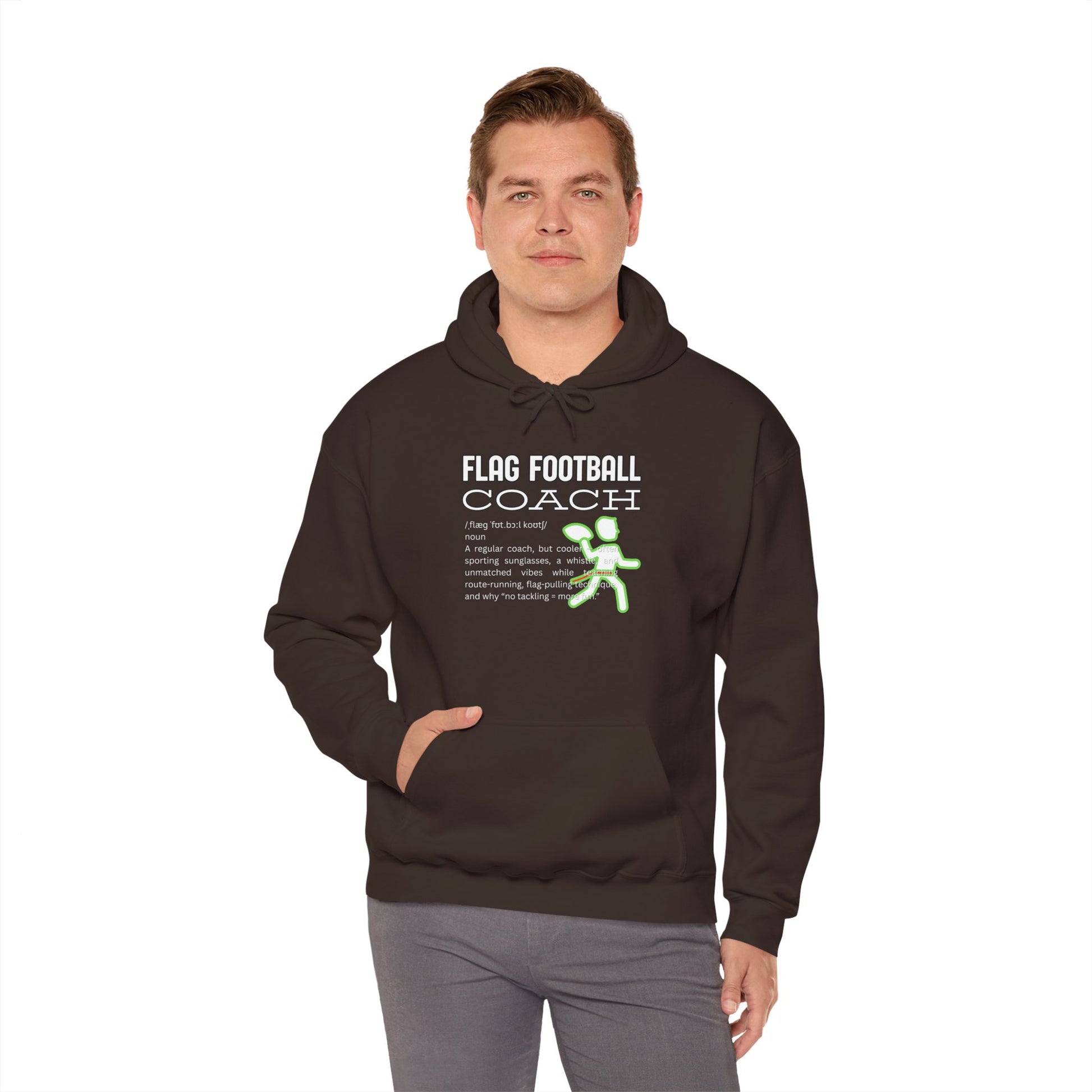 Male model in Dark Chocolate Flag Football Coach hoodie front view, "FLAG FOOTBALL COACH" text and neon green player graphic