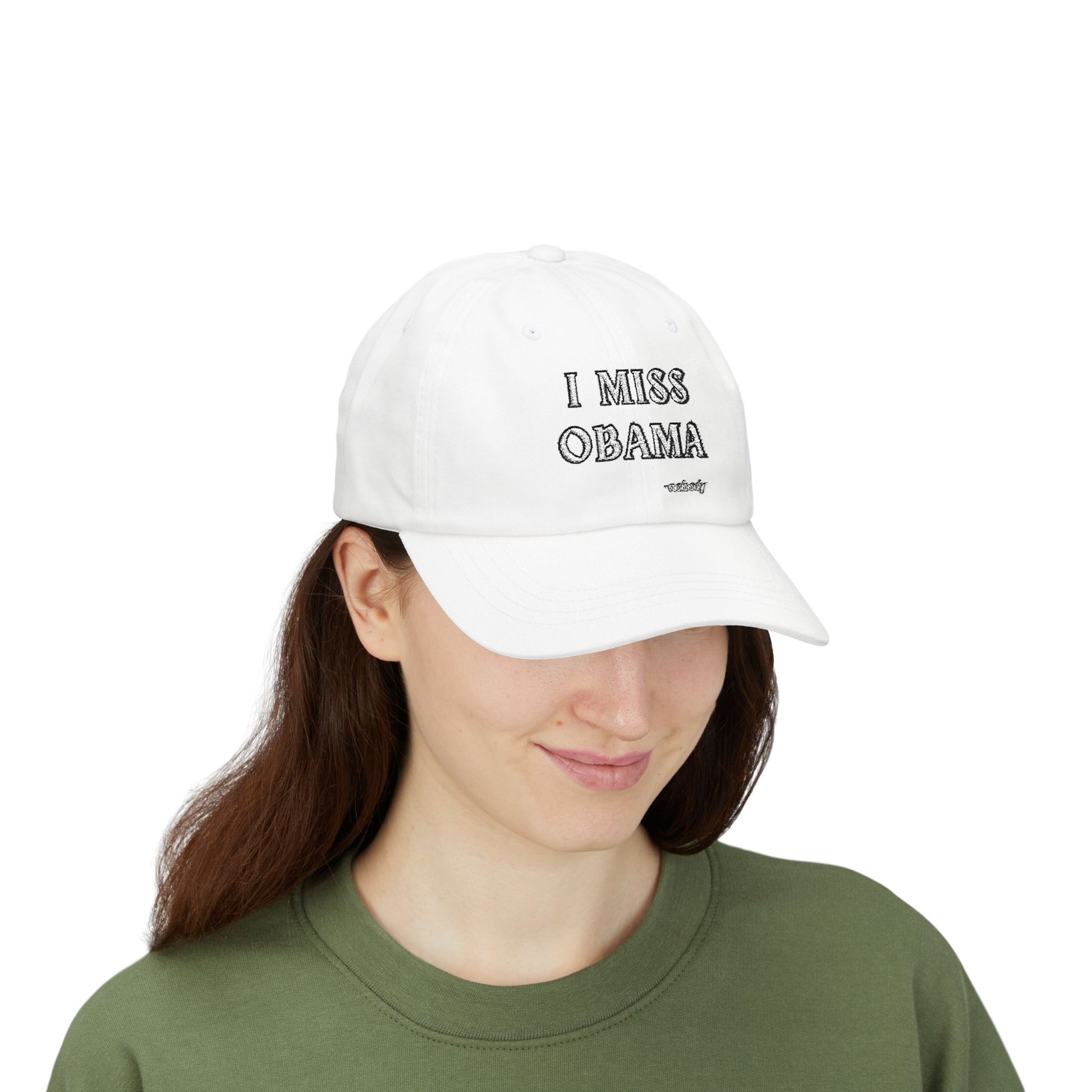 Front view of white dad hat with black-outlined "I MISS OBAMA" embroidery and tiny "-nobody" below 😏