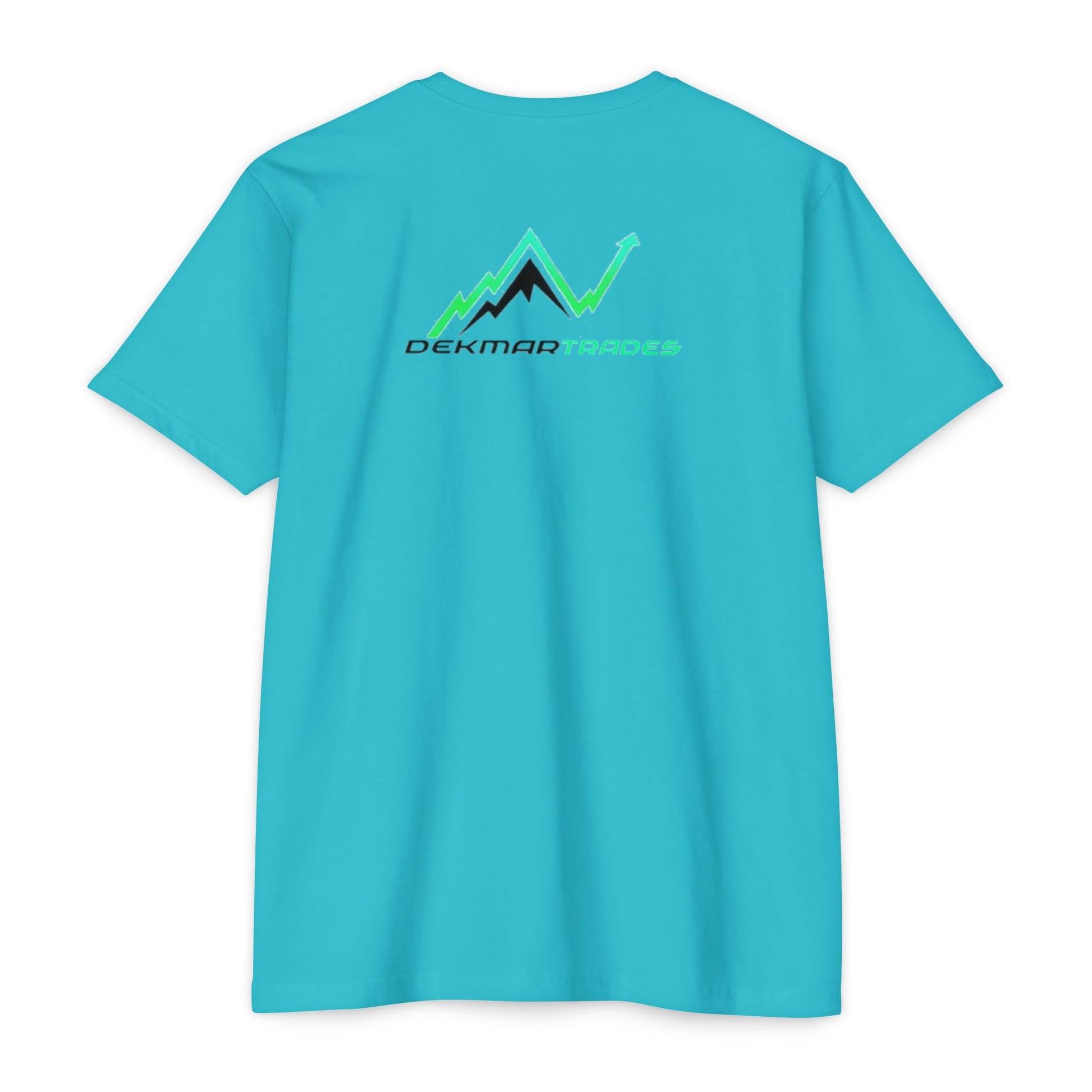 Flat lay back of turquoise t-shirt with uptrending mountain graphic and Dekmar Trades lettering