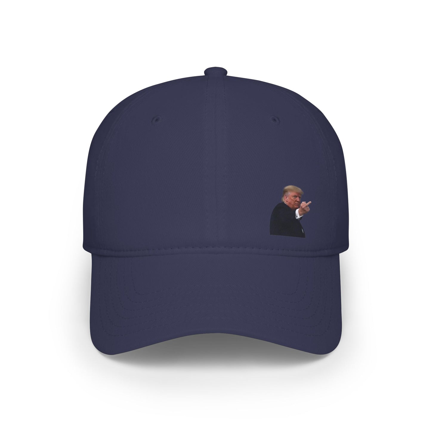Front view of navy baseball cap displaying subtle Trump gesture meme