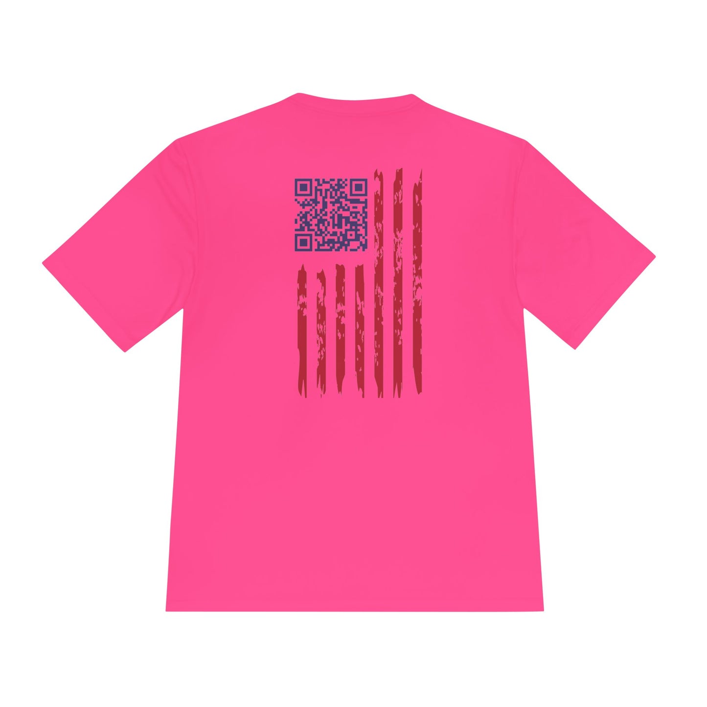 Hot pink tee reverse with navy QR and distressed vertical red-white flag stripes