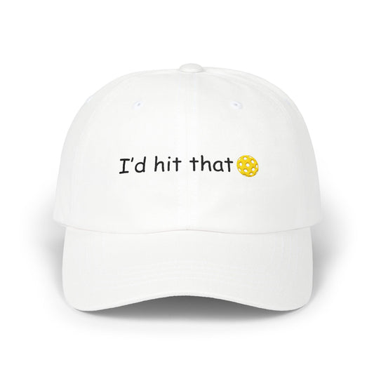 Front view of white "I'd Hit That" pickleball cap with black embroidery and yellow ball emoji