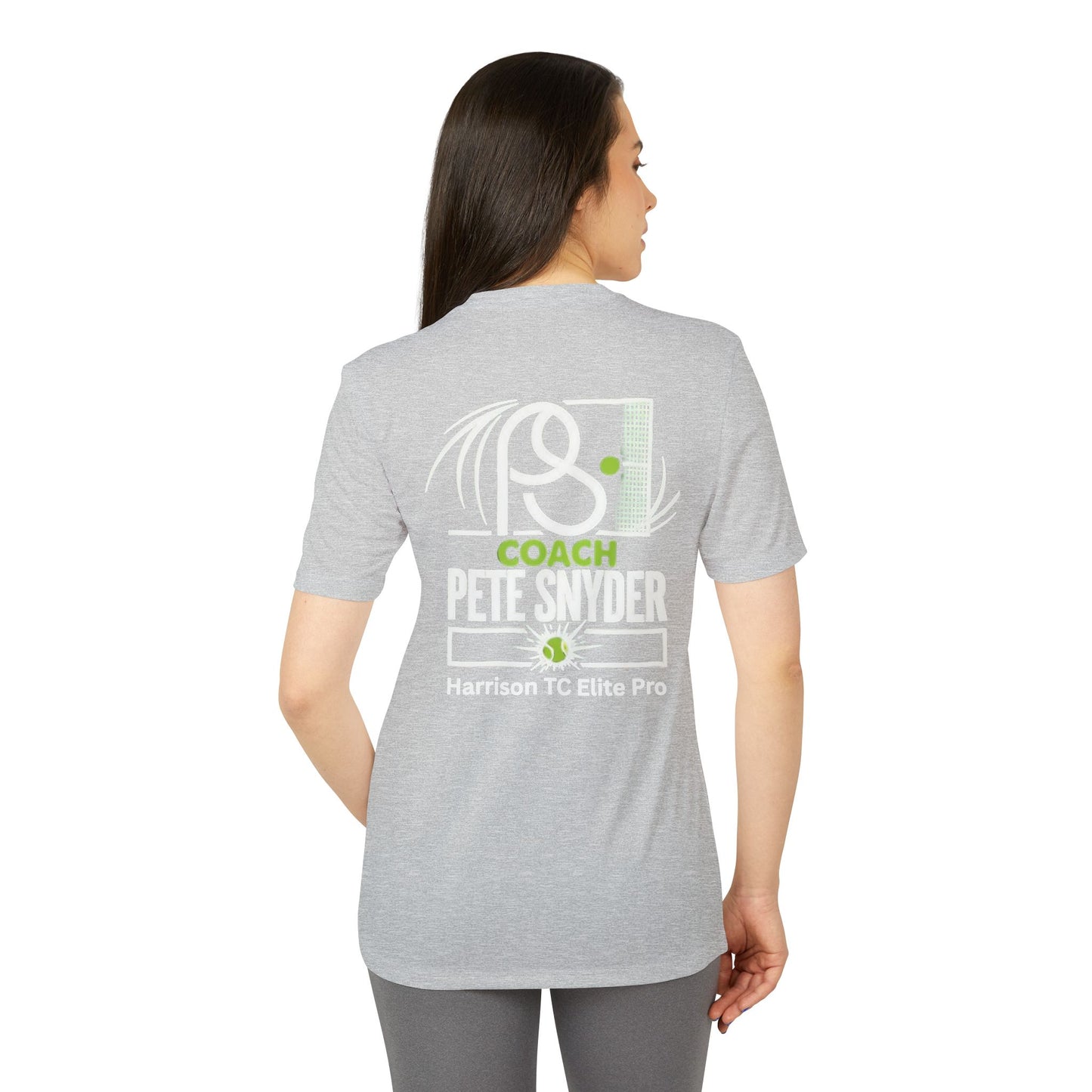 Female model back view in heather gray tee, Coach Pete Snyder Harrison TC Elite Pro print with racket