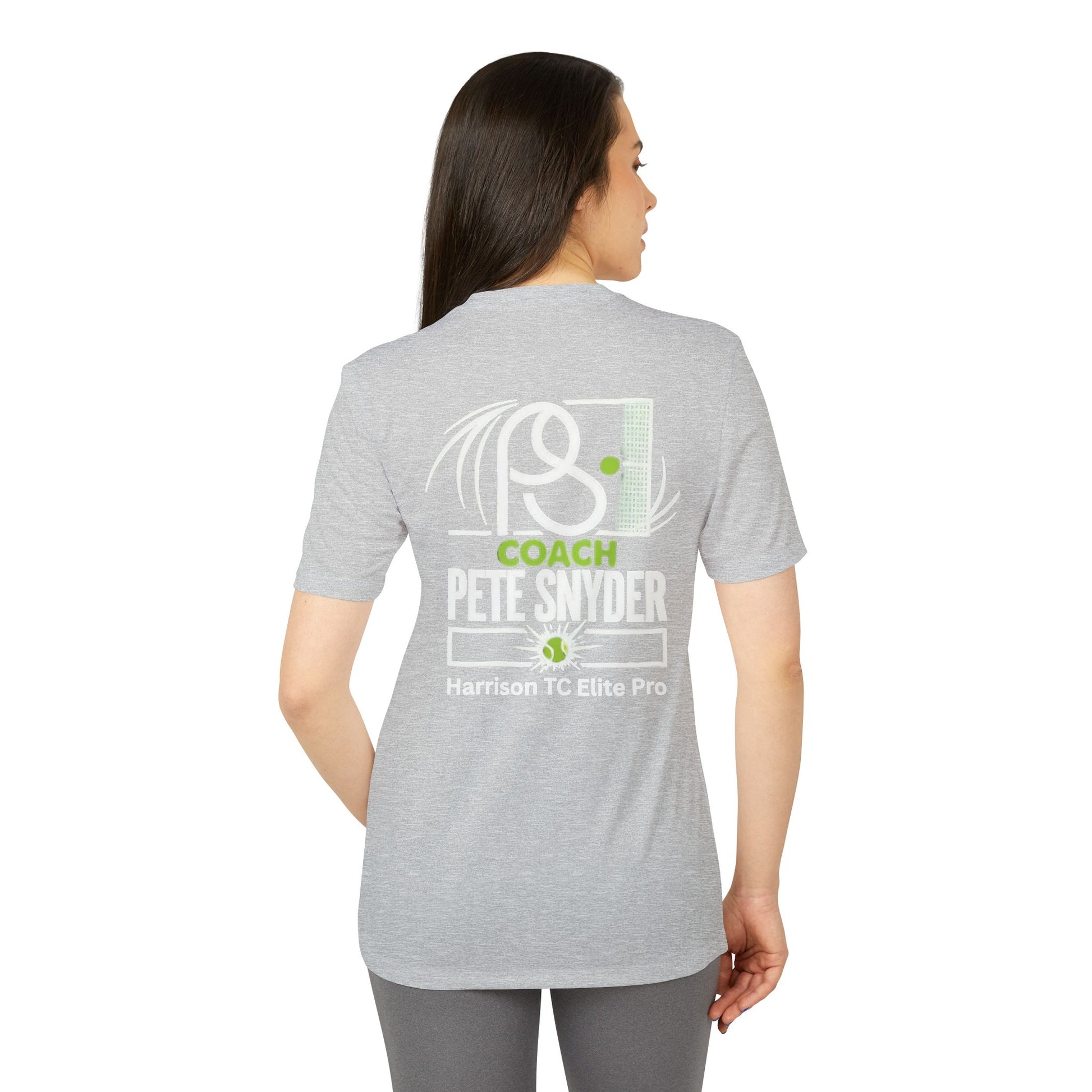Female model back view in heather gray tee, Coach Pete Snyder Harrison TC Elite Pro print with racket