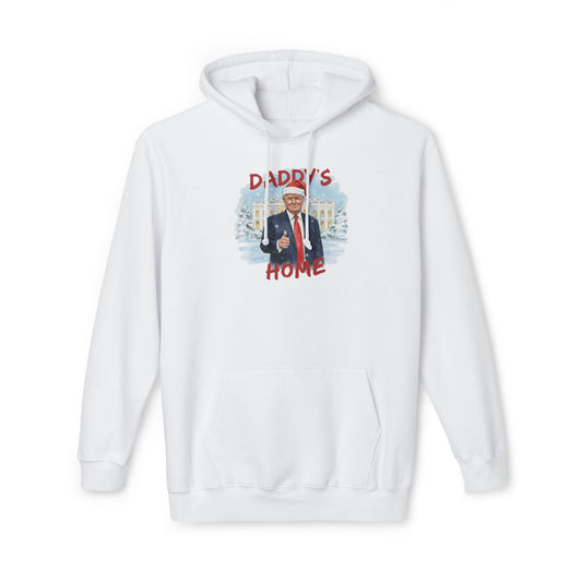 Front view of white "Daddy's Home" Trump Christmas hoodie with Santa hat graphic and snowy White House
