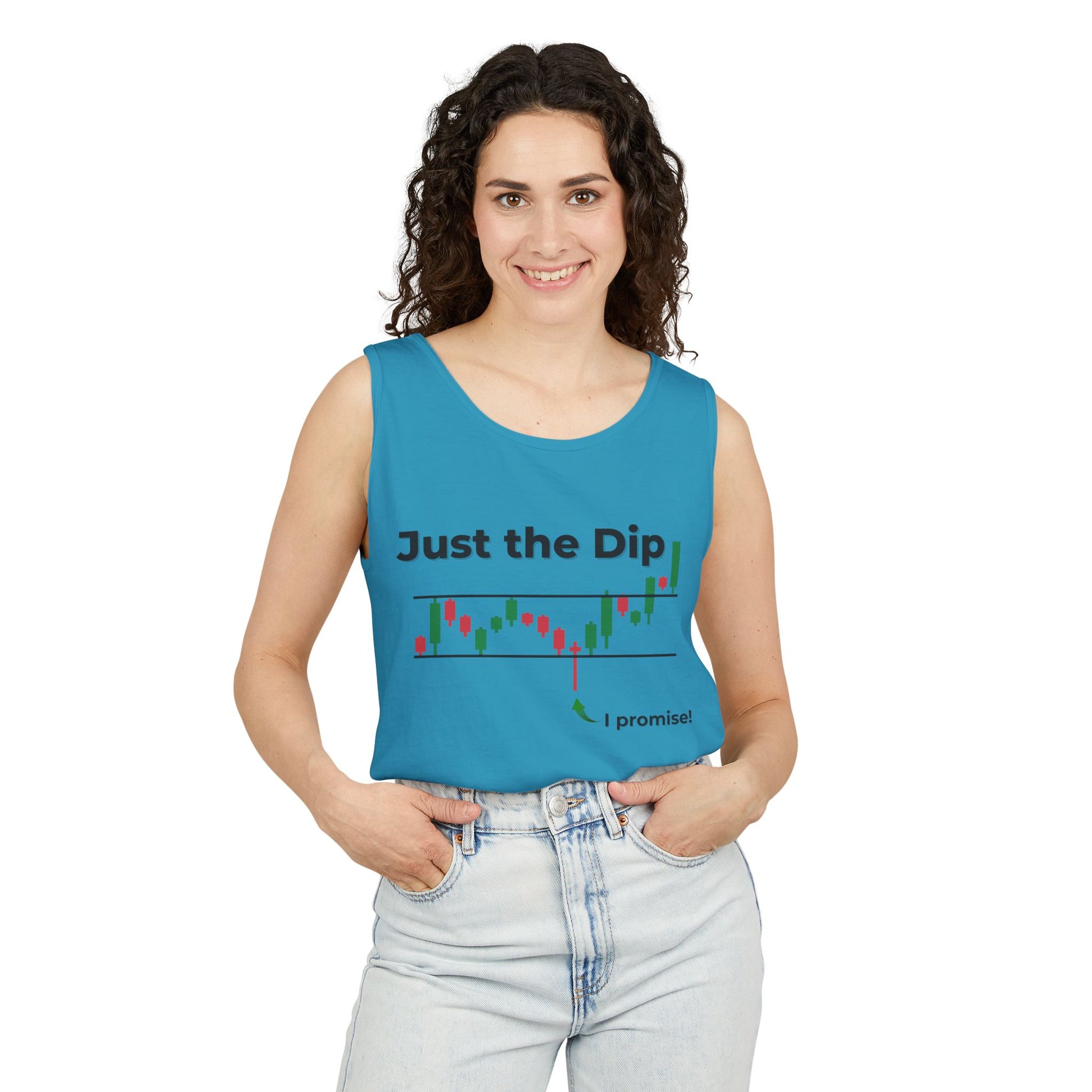 Woman modeling front of teal "Just the Dip" tank with plunging candlestick chart and "i promise!" arrow