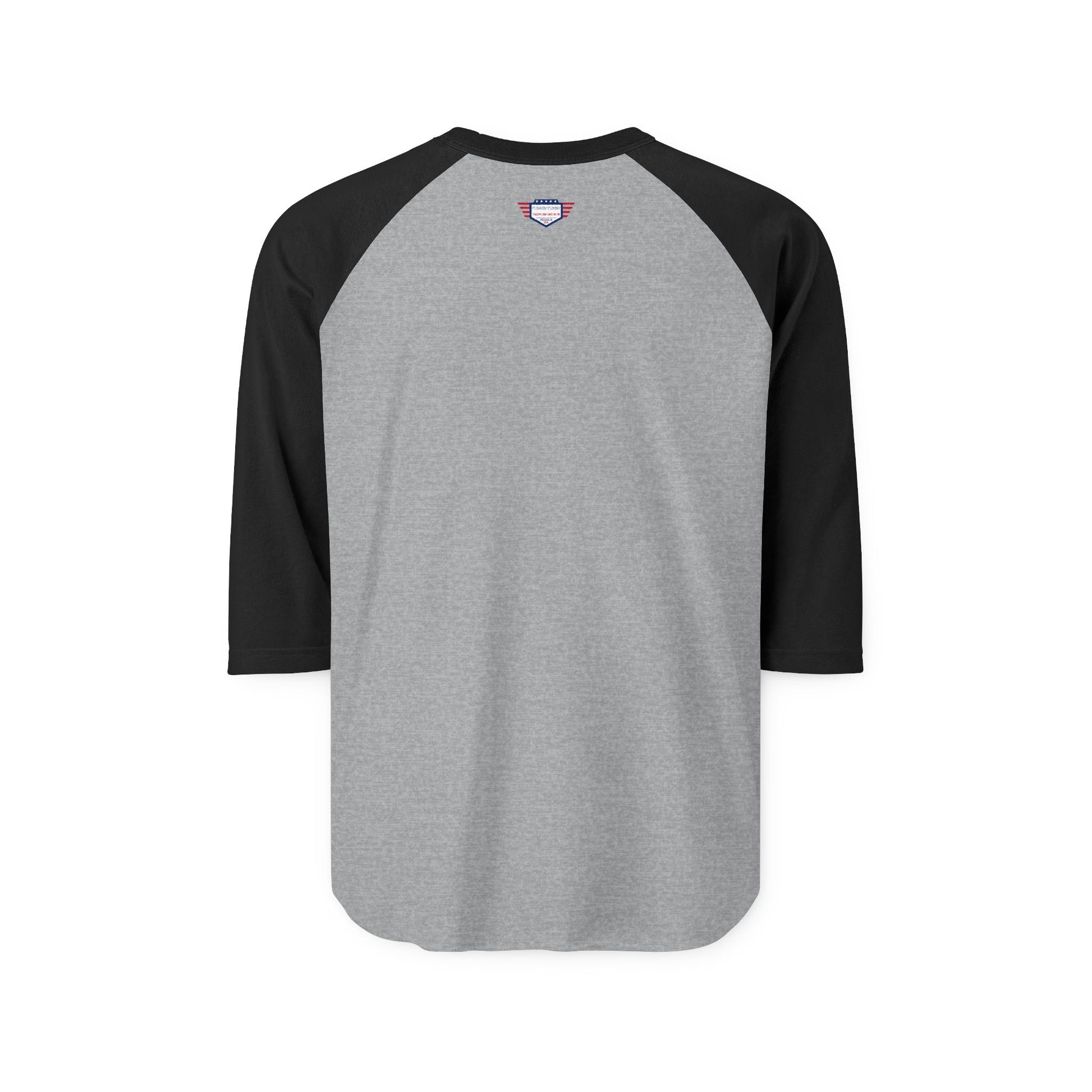 Back of heather grey raglan with black sleeves, minimal neck label — no print, all comfort