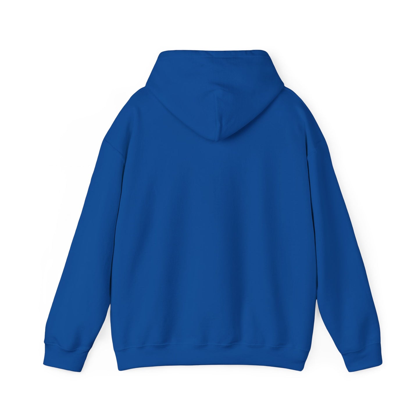 Back view of royal blue pullover hoodie, hood down, plain for low-key infra runs