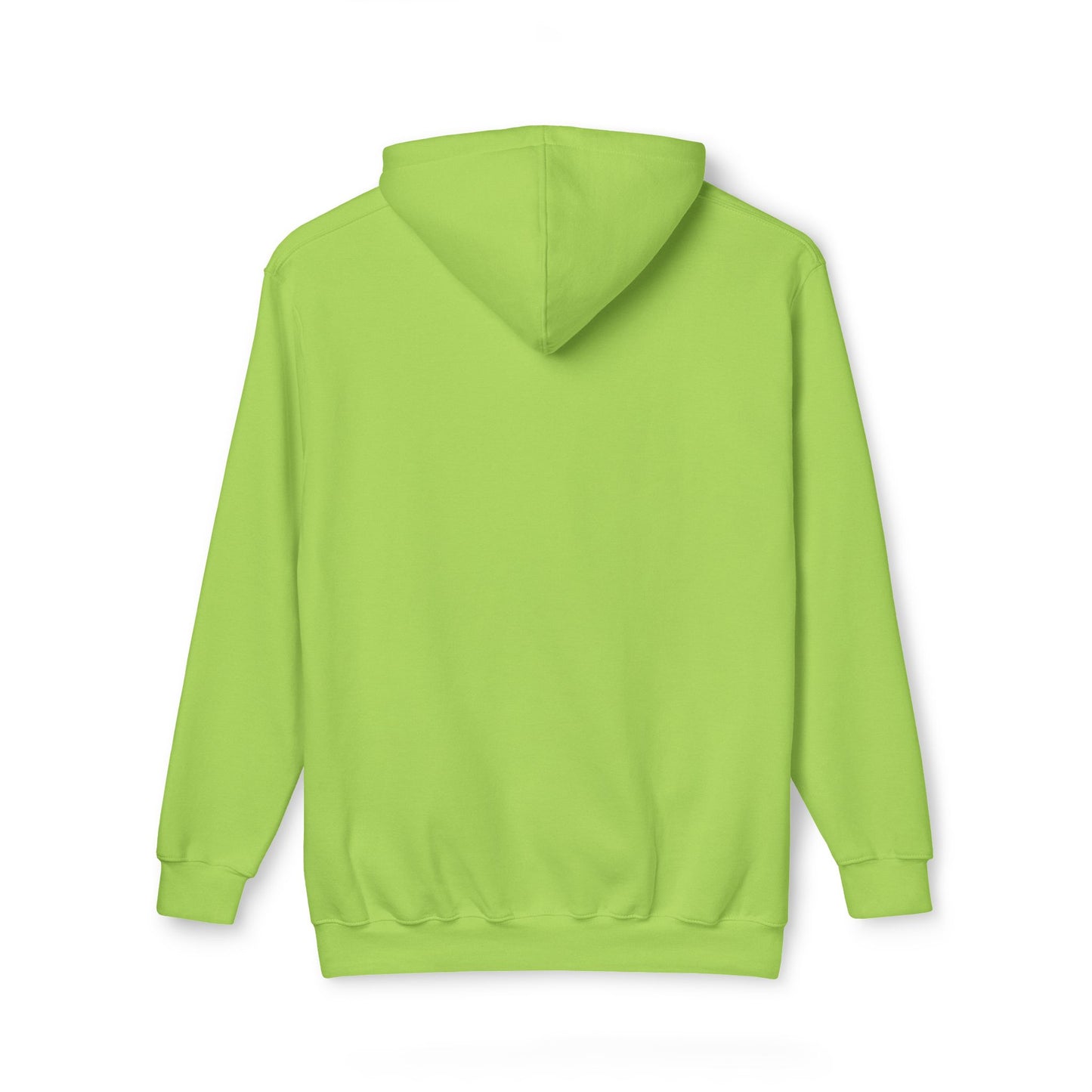 Back view of vibrant lime green hoodie, clean pullover style with pouch pocket