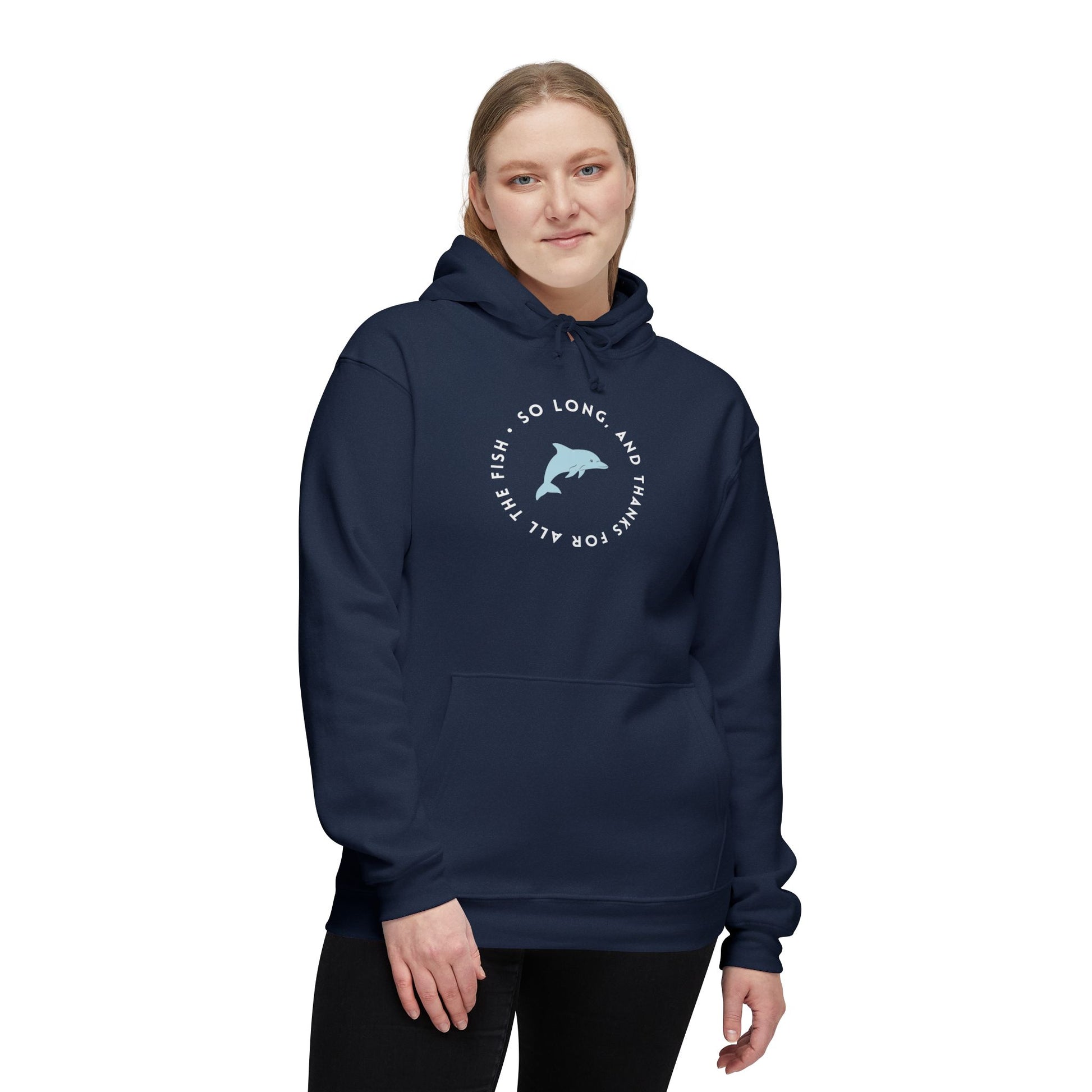 Female model in hunter green hoodie, front showing witty dolphin "So long, and thanks for all the fish" design