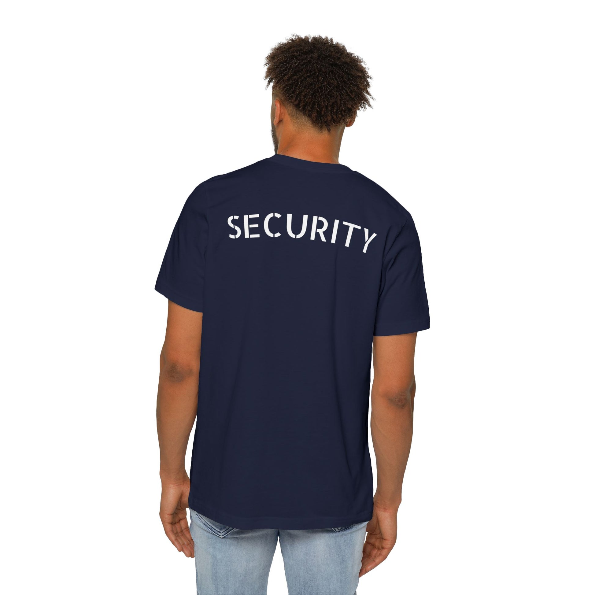 Man from behind modeling heather gray tee's massive white "SECURITY" back statement
