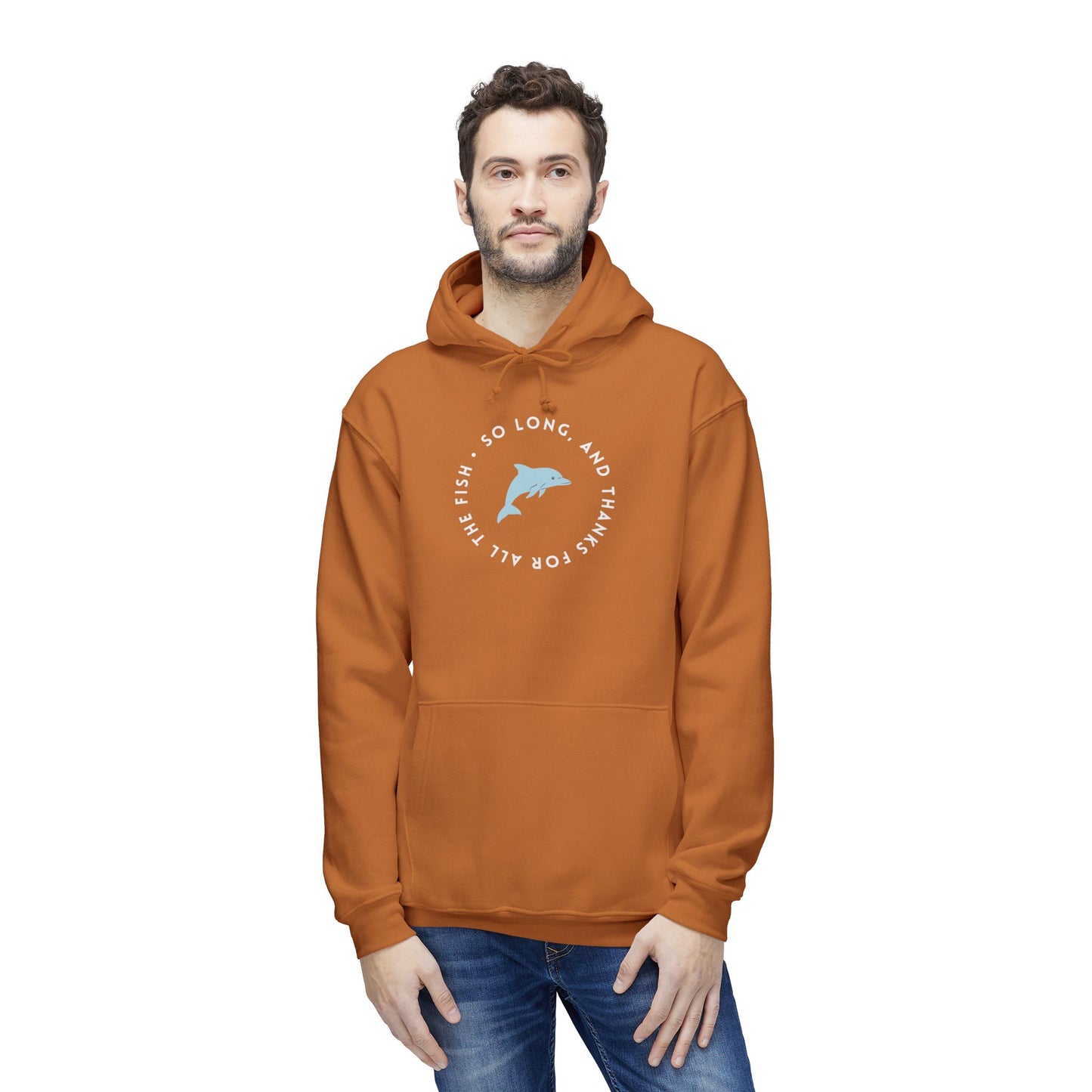 Male model fronts bright orange "So long, and thanks for all the fish" dolphin hoodie, jeans below