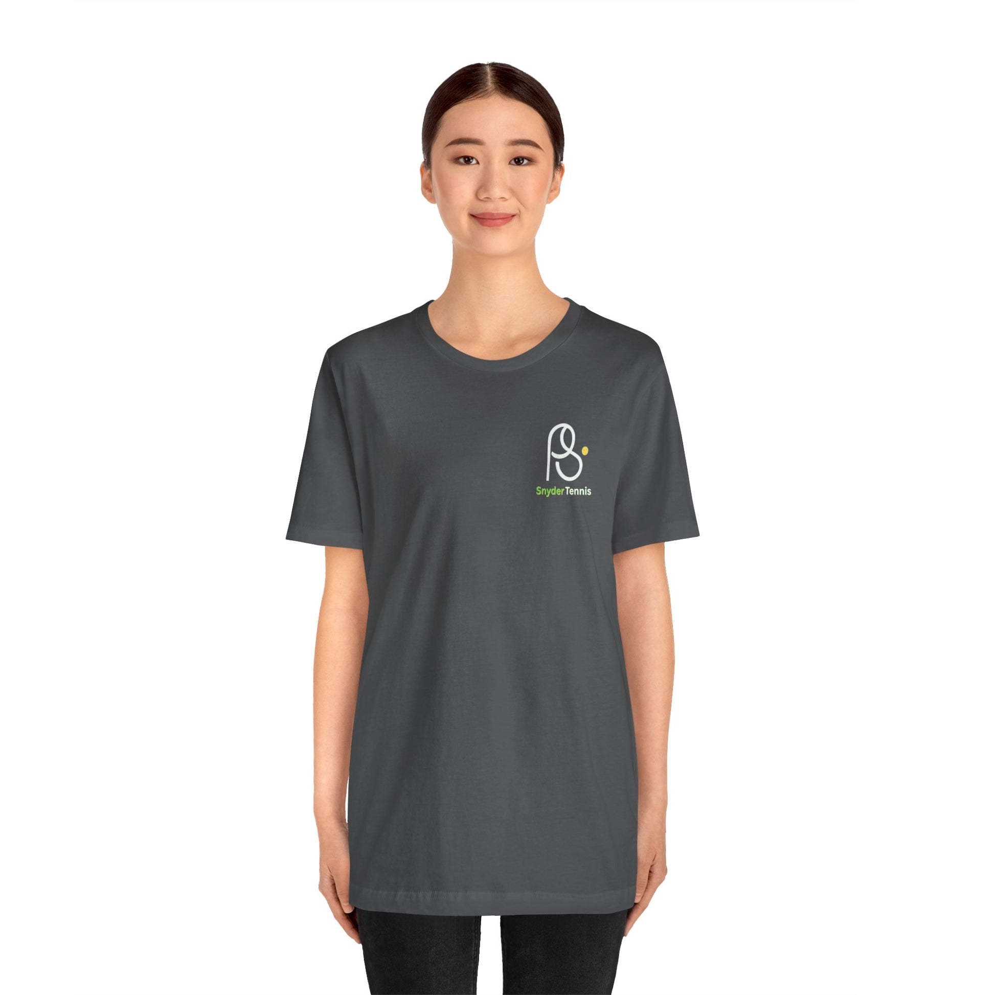 Woman modeling front view of charcoal gray Coach Pete Snyder tennis tee with white PS tennis ball logo and green "PS Tennis" on chest