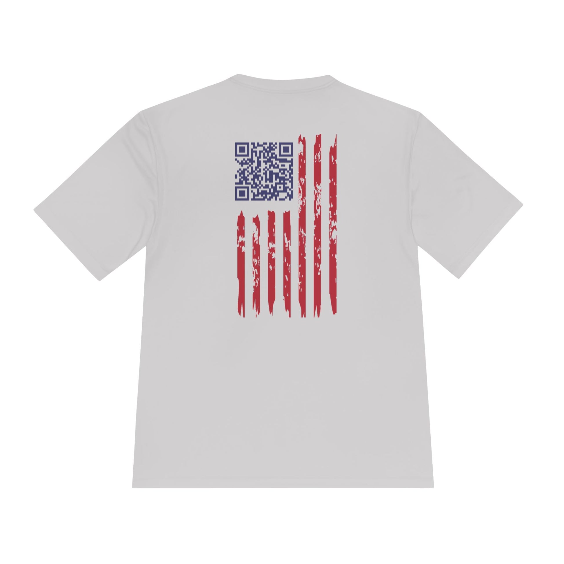 Back view of light grey tee showing blue QR code beside red distressed flag stripes