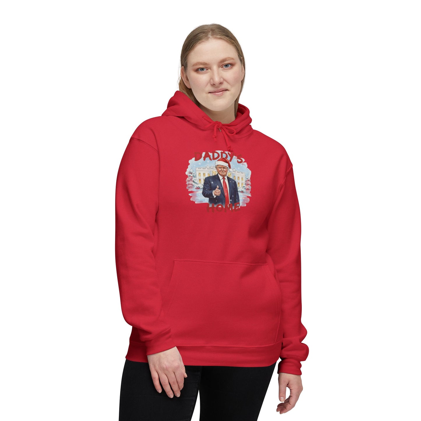 Female model front view wearing red hoodie with "Daddy's Home" Trump in Santa hat and White House scene
