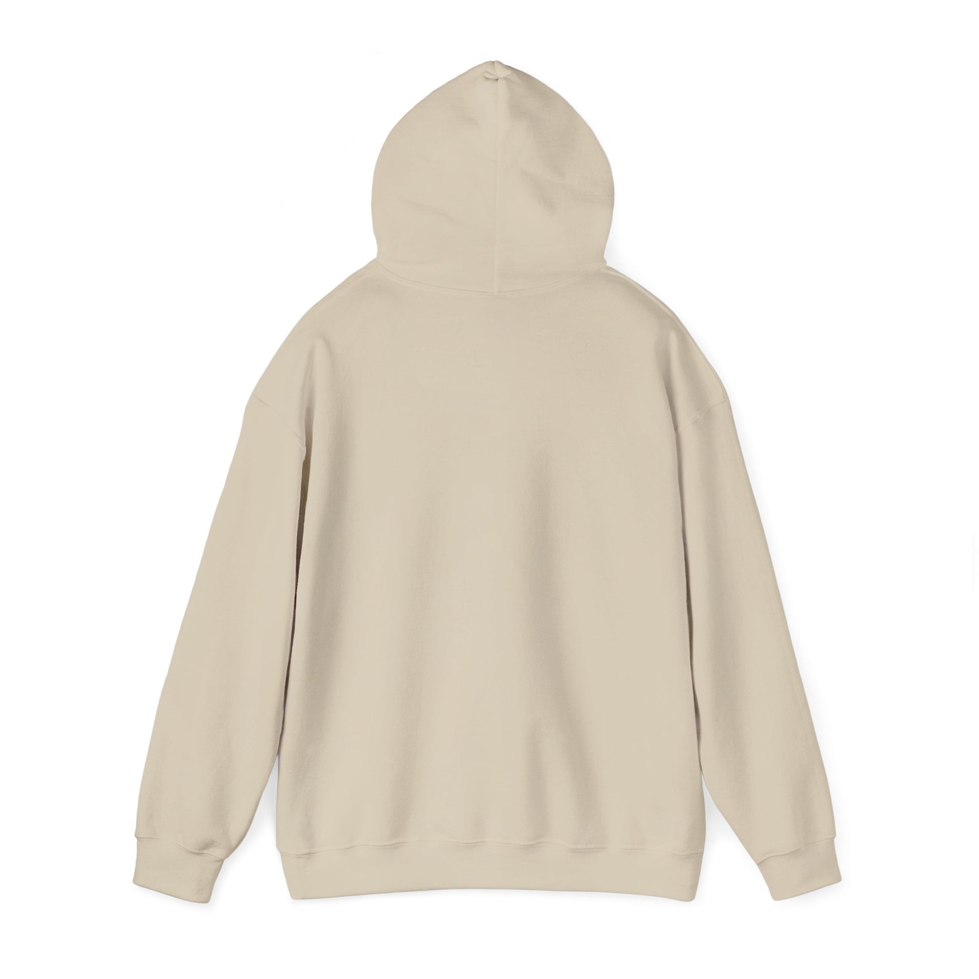 Back view of light beige pullover hoodie, clean and hood-focused