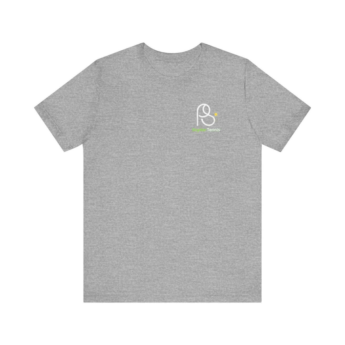 Medium heather gray cotton tee, front chest white P.S. logo with green P.S. Tennis