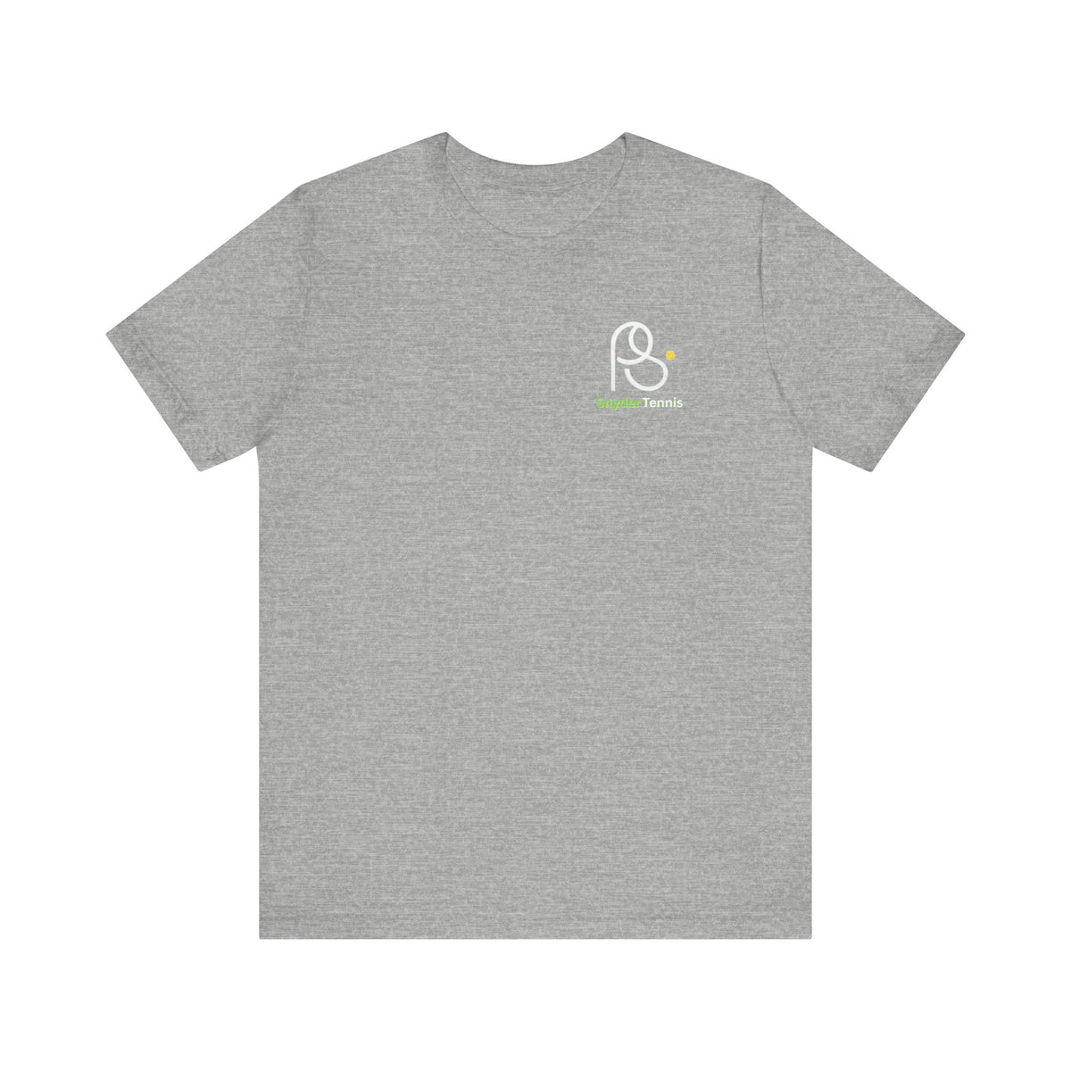 Medium heather gray cotton tee, front chest white P.S. logo with green P.S. Tennis