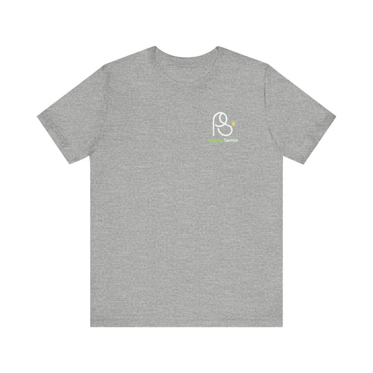 Medium heather gray cotton tee, front chest white P.S. logo with green P.S. Tennis