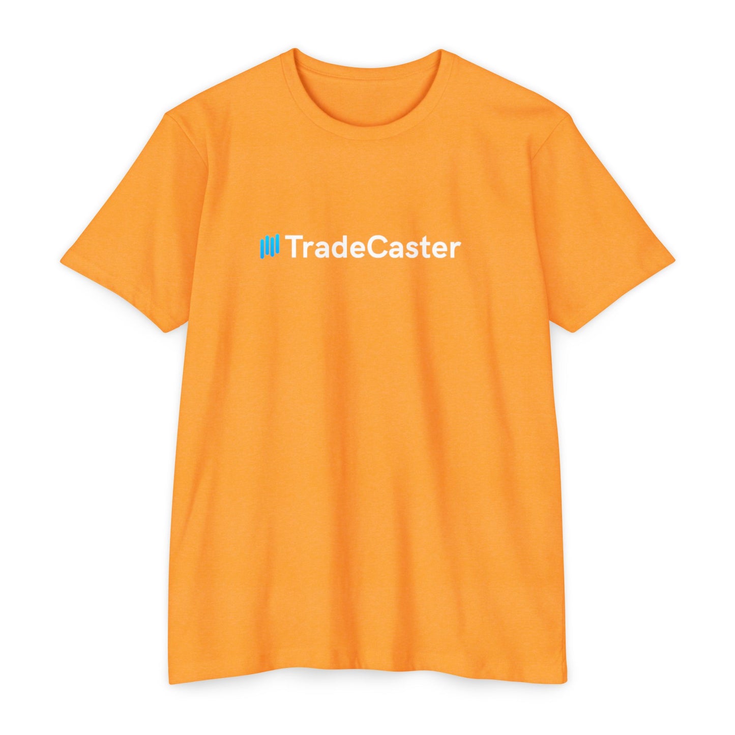 Front view of orange unisex TradeCaster CVC jersey t-shirt with blue || icon and white text print