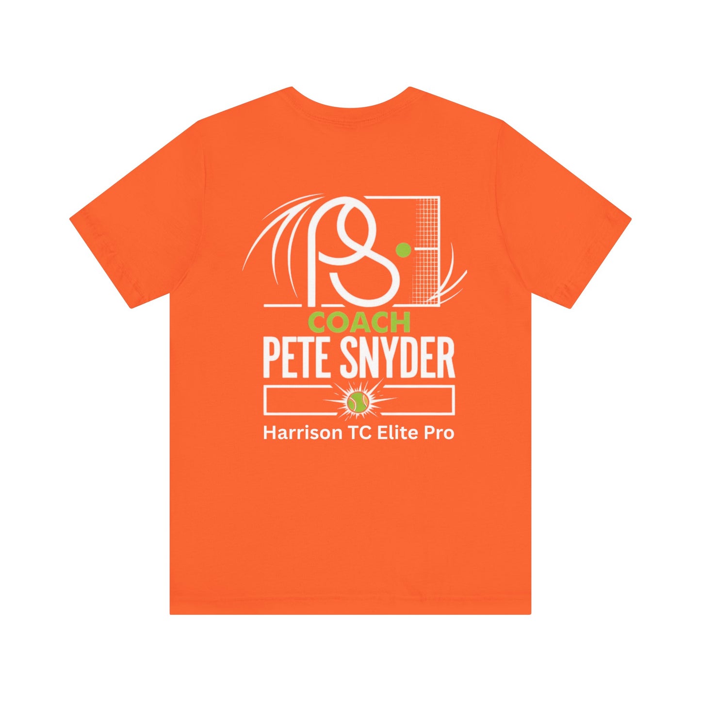 Flat back view of orange Coach Pete Snyder tee, white "COACH PETE SNYDER" tennis net/racket print, Harrison TC Elite Pro