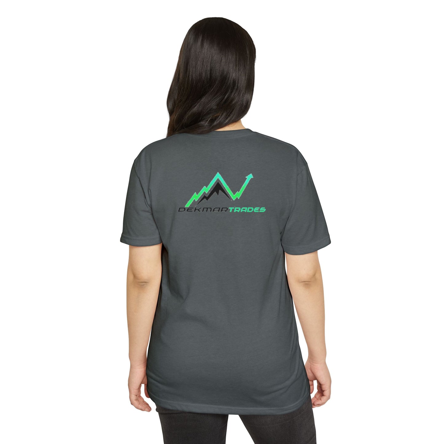 Asian woman from back in charcoal gray tee, green Dekmar Trades graph and peak emblem visible
