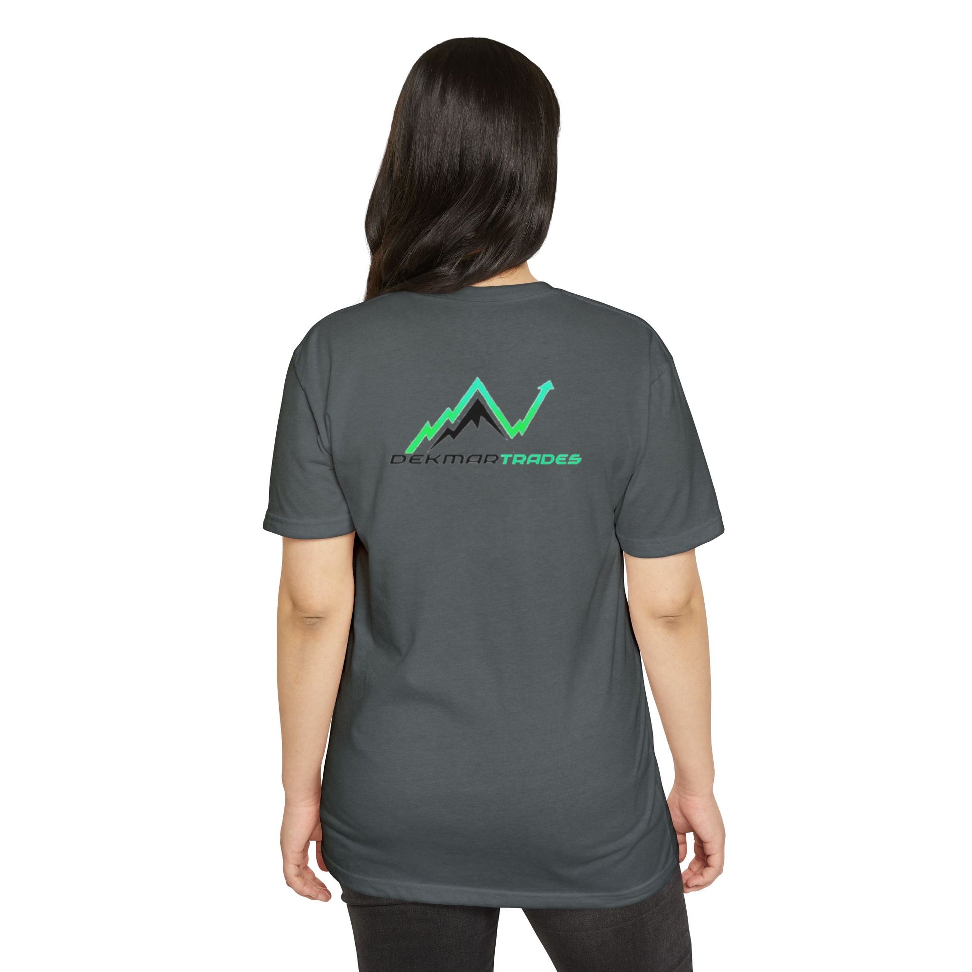 Asian woman from back in charcoal gray tee, green Dekmar Trades graph and peak emblem visible