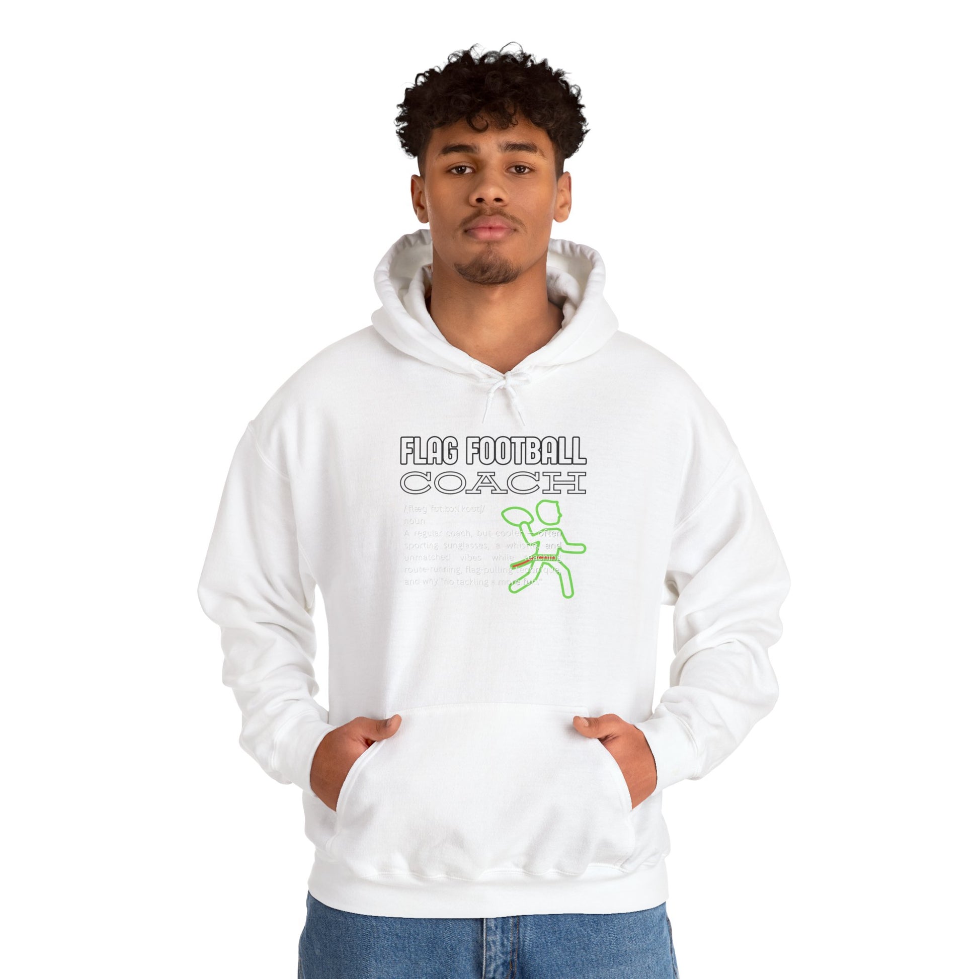 Curly-haired male model front view rocking white Flag Football Coach hoodie, neon green player graphic pops, relaxed stance