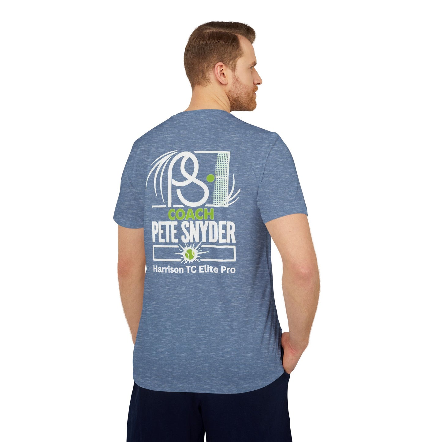 Back view of heather navy tee on male model: Coach Pete Snyder & Harrison TC Elite Pro pickleball graphics