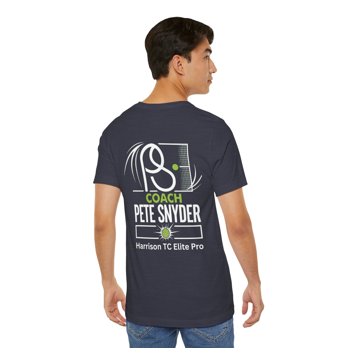 Back view of man in charcoal gray Coach Pete Snyder tee showing full "COACH PETE SNYDER Harrison TC Elite Pro" tennis print
