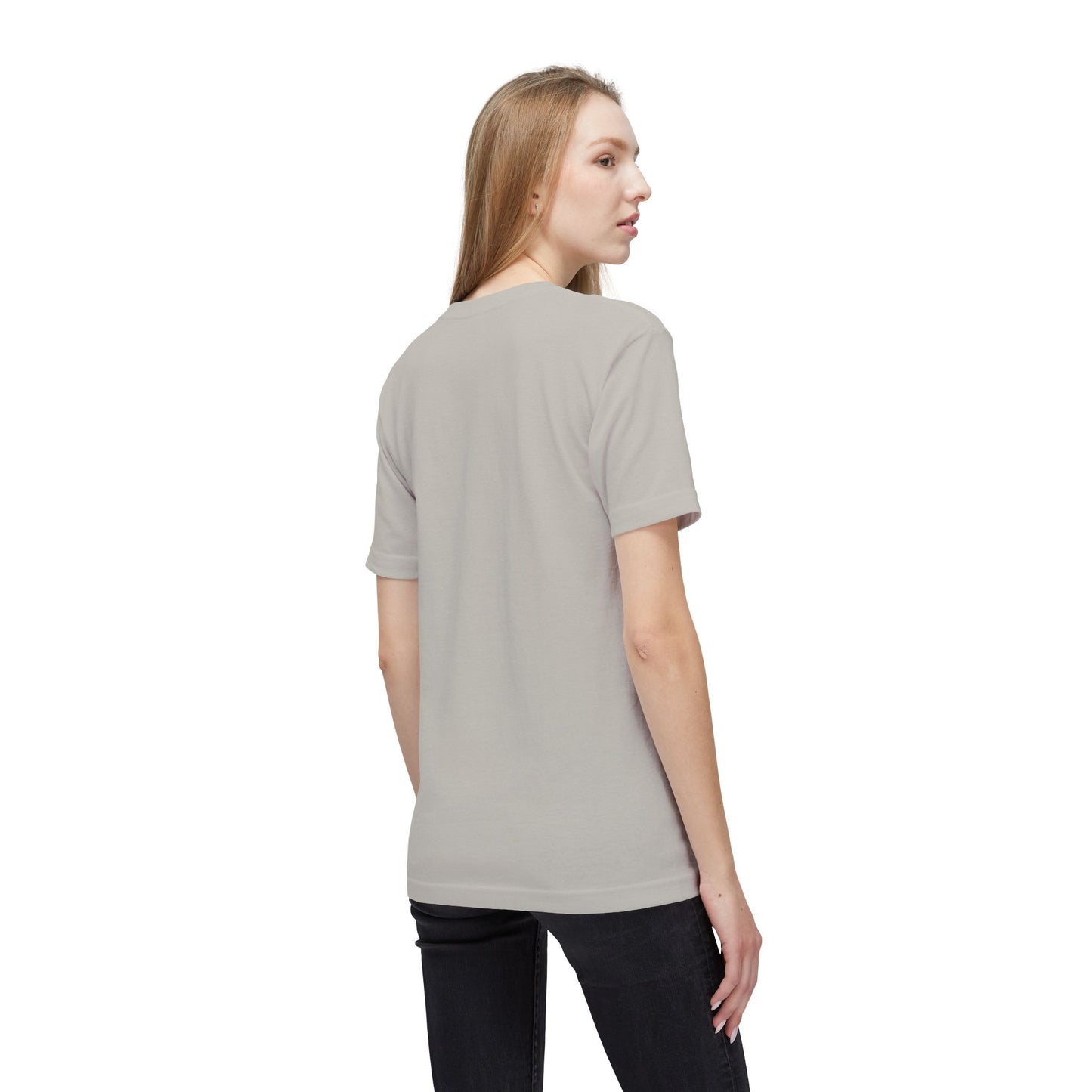 Back side profile of model in plain heather gray tee and jeans, low-key vibes