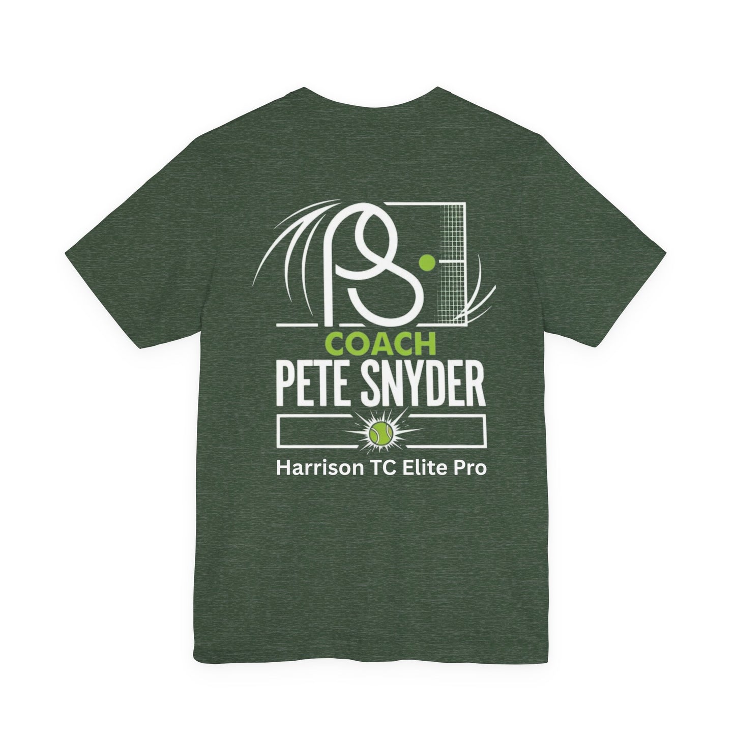 Back view of heather forest green tee featuring white "Coach Pete Snyder" print, tennis racket/net graphic, and "Harrison TC Elite Pro"