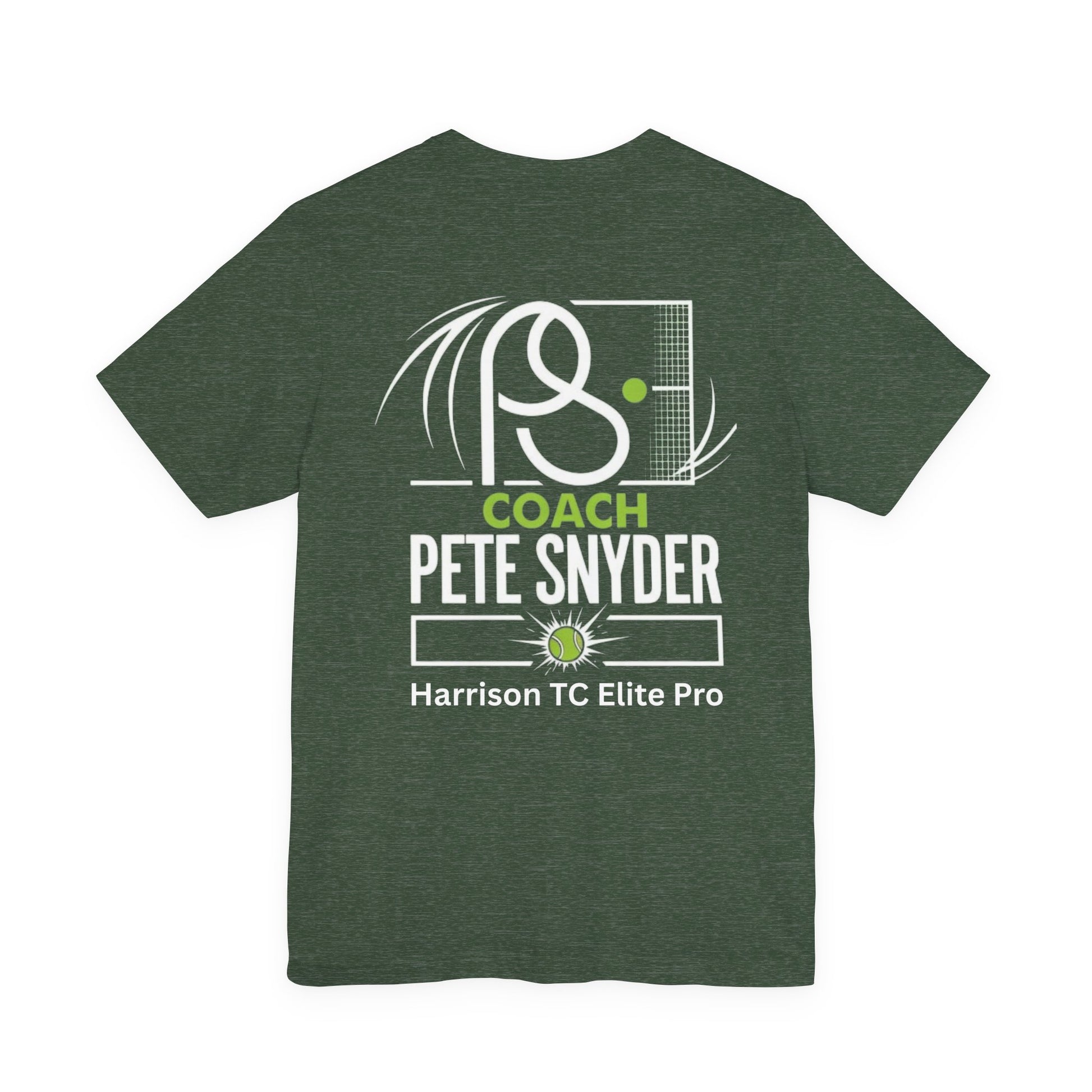 Back view of heather forest green tee featuring white "Coach Pete Snyder" print, tennis racket/net graphic, and "Harrison TC Elite Pro"