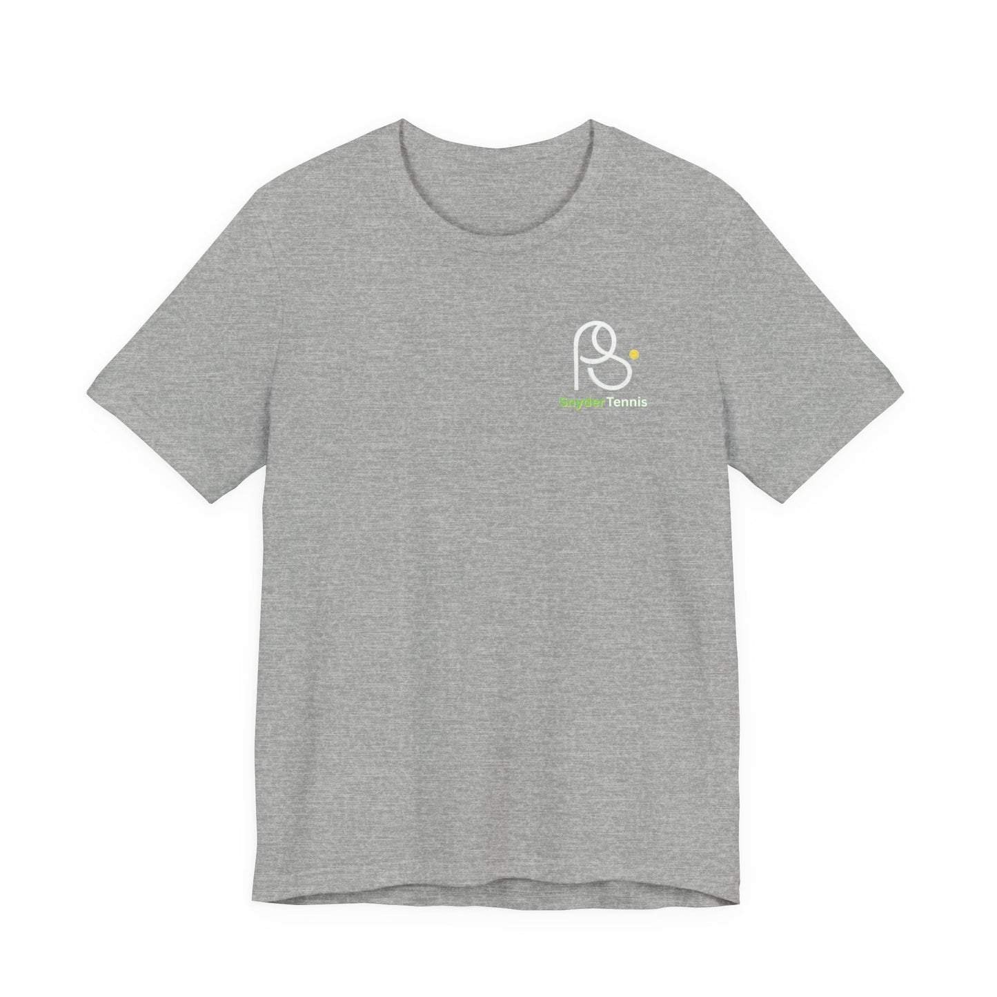 Front view of heather gray Coach Pete Snyder tennis tee, white PS racket-ball logo and "Harrison Tennis" text